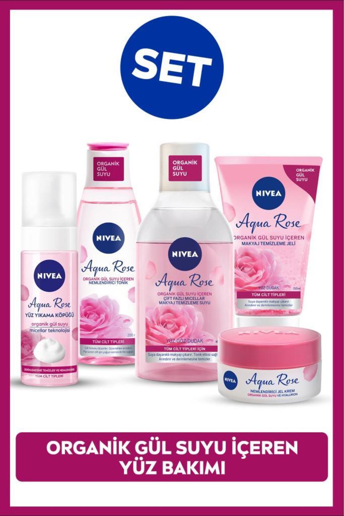 NIVEA Aqua Rose Gül Suyu İçerikli Çeyiz Seti, Makyaj Temizleme Suyu ve Jeli, Yüz Yıkama Köpüğü, Tonik,Krem