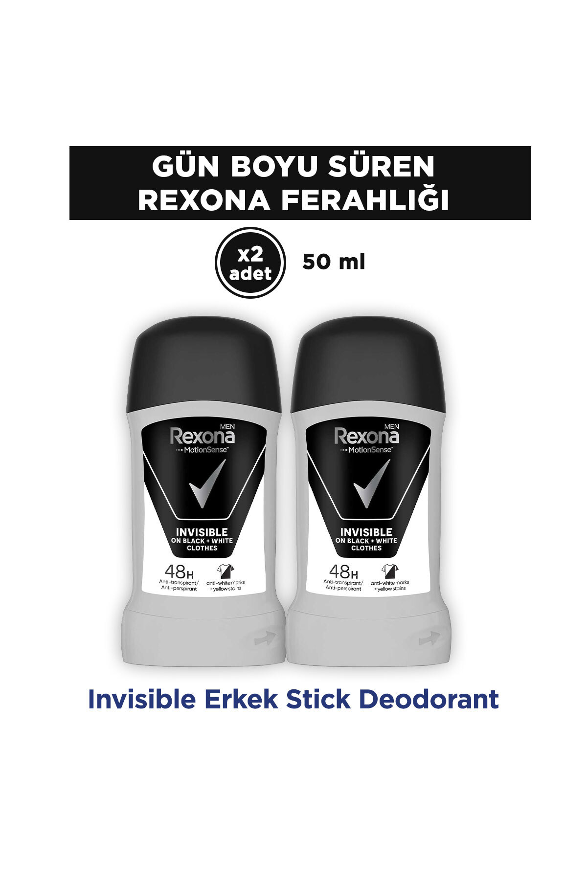 Rexona Men MotionSense Erkek Stick Deodorant Invisible On Black White Clothes 50 ml x2