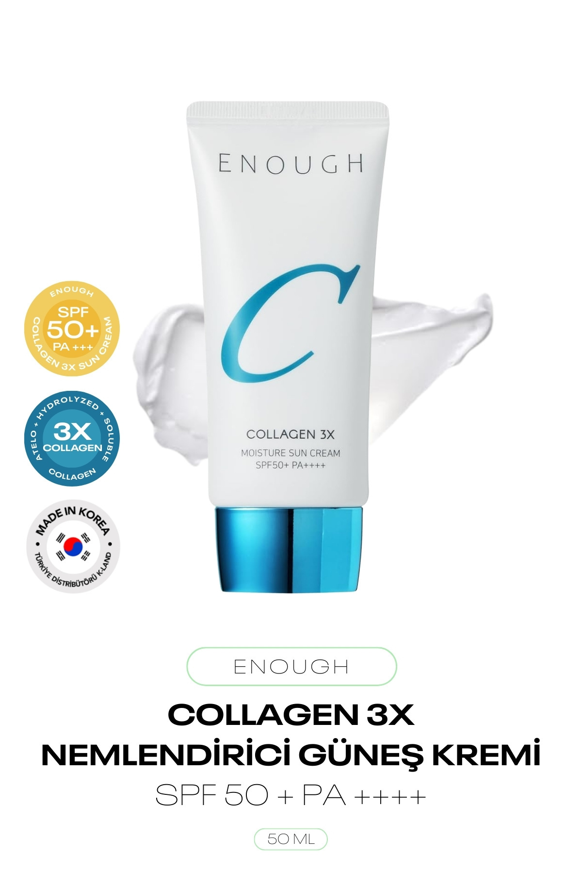 Enough 3X Kolajen İçeren Nemlendirici Güneş Kremi 3X Collagen Moisture Sun Cream SPF 50 + PA ++++