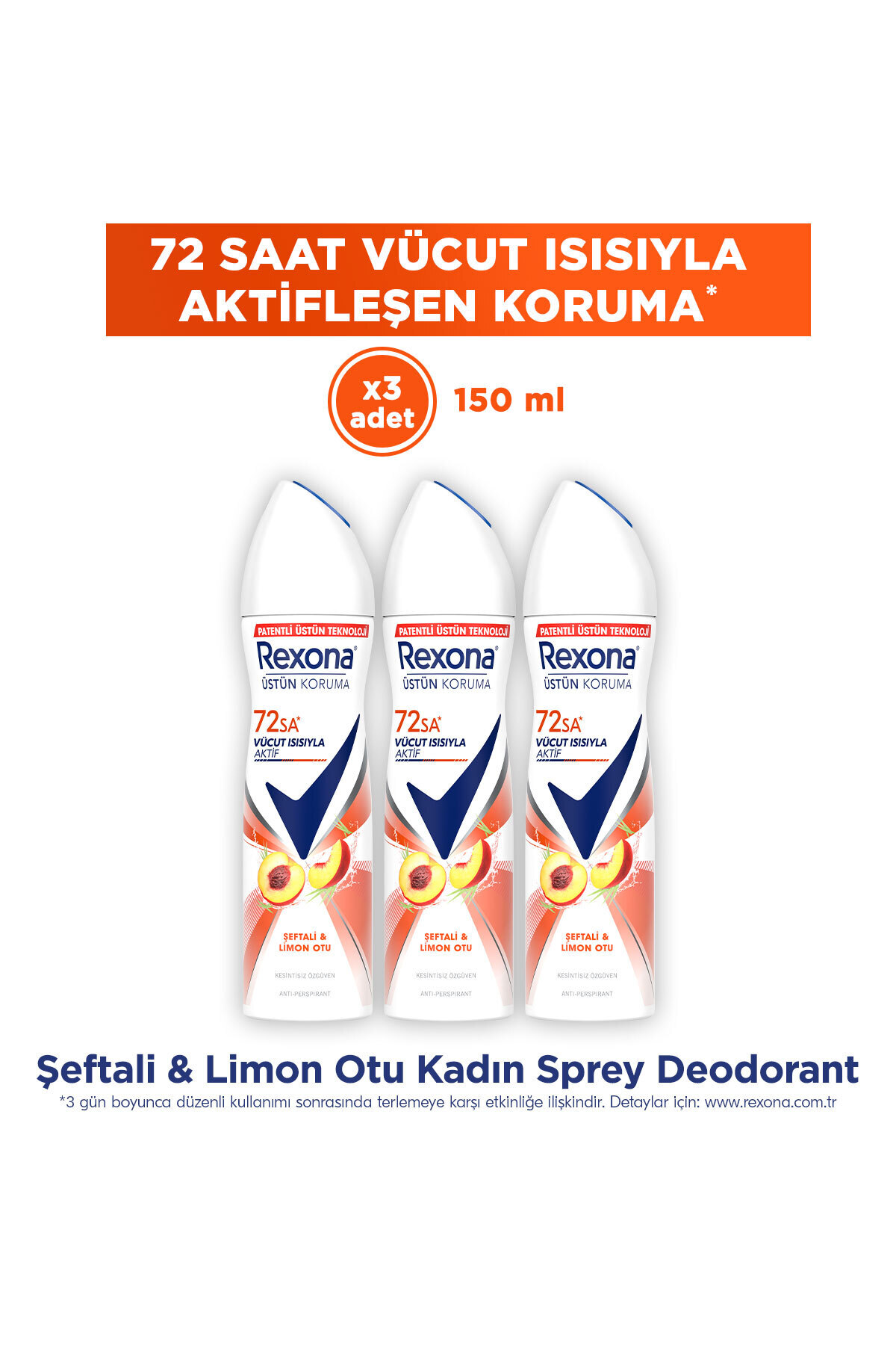 Rexona Kadın Sprey Deodorant Seftali&Limon Otu Antiperspirant 72Saat Kesintisiz Üstün Koruma 150mlx3
