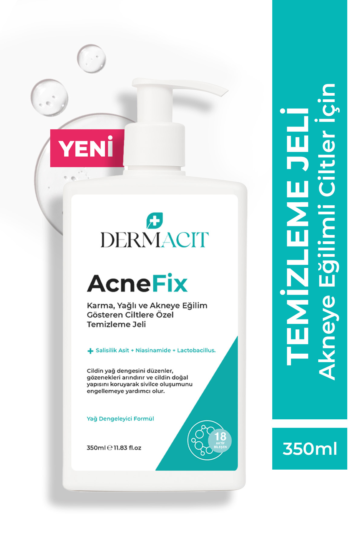 DERMACIT AcneFix Karma, Yağlı ve Akne Eğilimli Ciltler İçin Yüz ve Vücut Temizleme Jeli 350 ml
