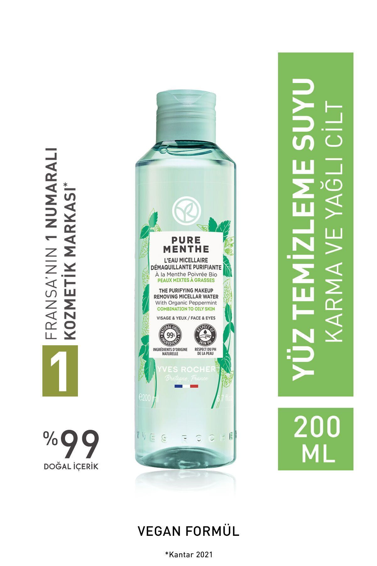 Yves Rocher Karma-Yağlı-Akne/Sivilce Eğilimli Cilt, Prebiyotik Micellar Makyaj Temizleme Suyu-Pure Menthe-200ml