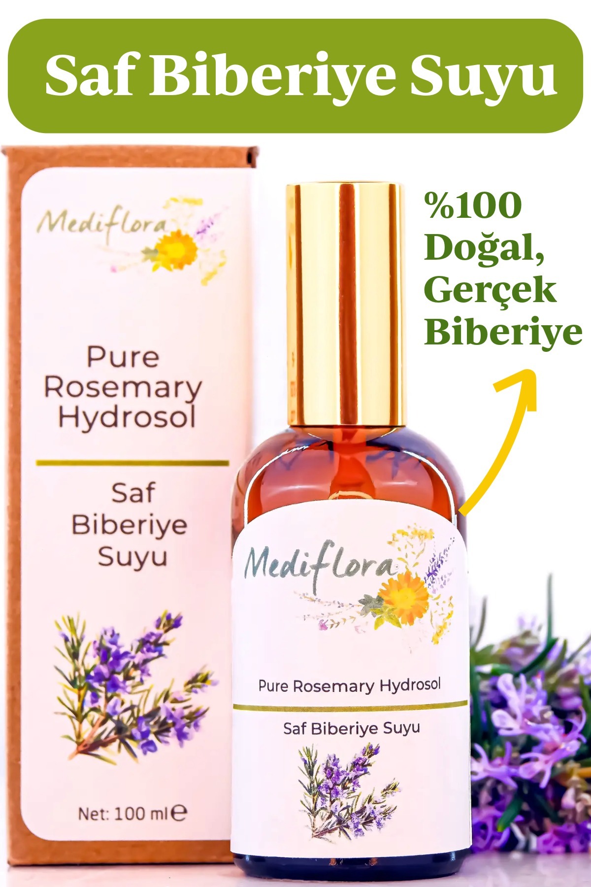 Mediflora Saf Biberiye Suyu – Güçlü Bitki Hidrosolü ile Saç Derisi ve Cilt Bakımı