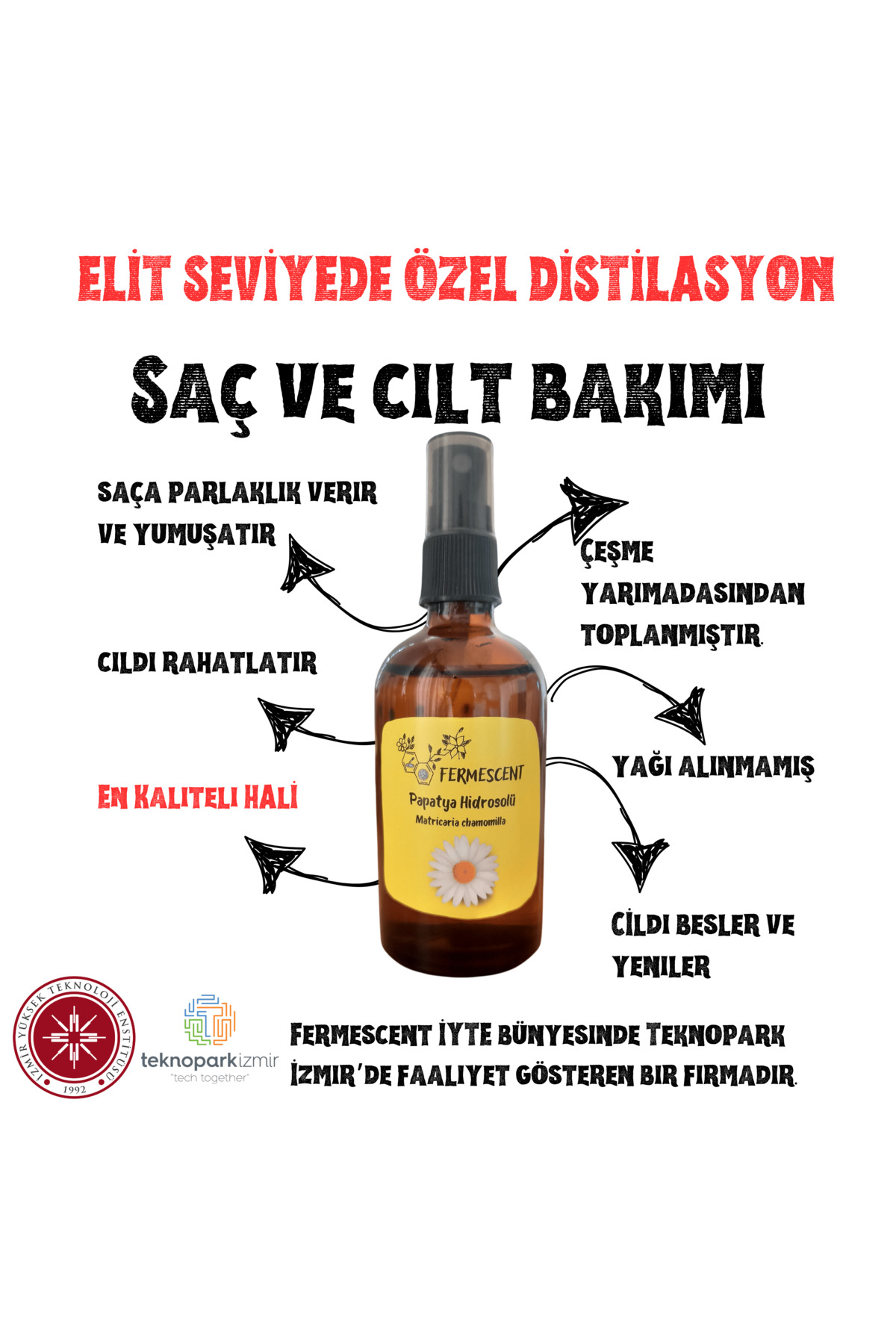 Fermescent Papatya Suyu Hidrosolü %100 Doğal Saç ve Cilt Bakım Toniği 100 ml