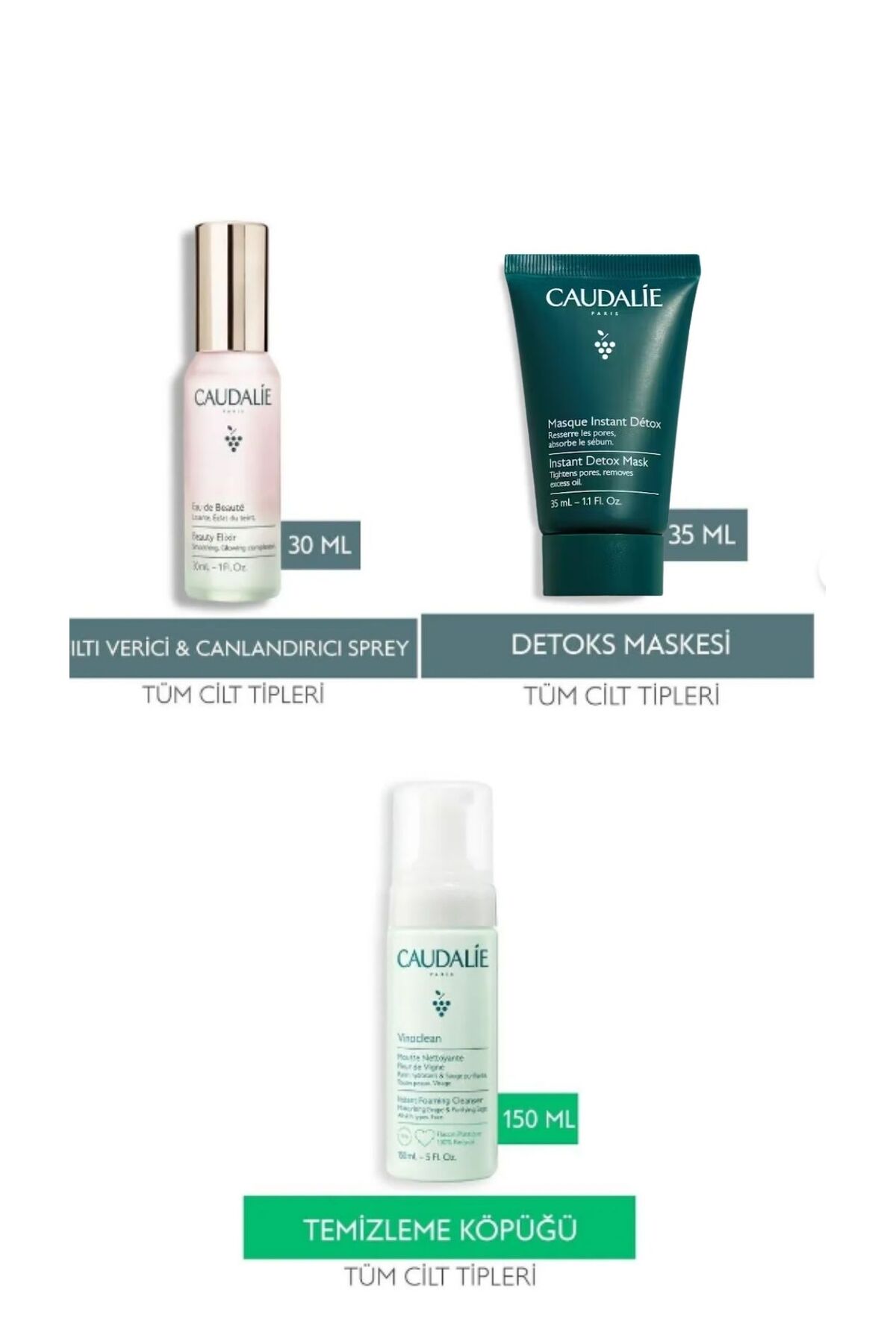 Caudalie Temiz Arınmış Işıltılı Günlük Bakım Seti | Elixir Sprey Kil Maskesi Temizleme Köpük 3 lü set