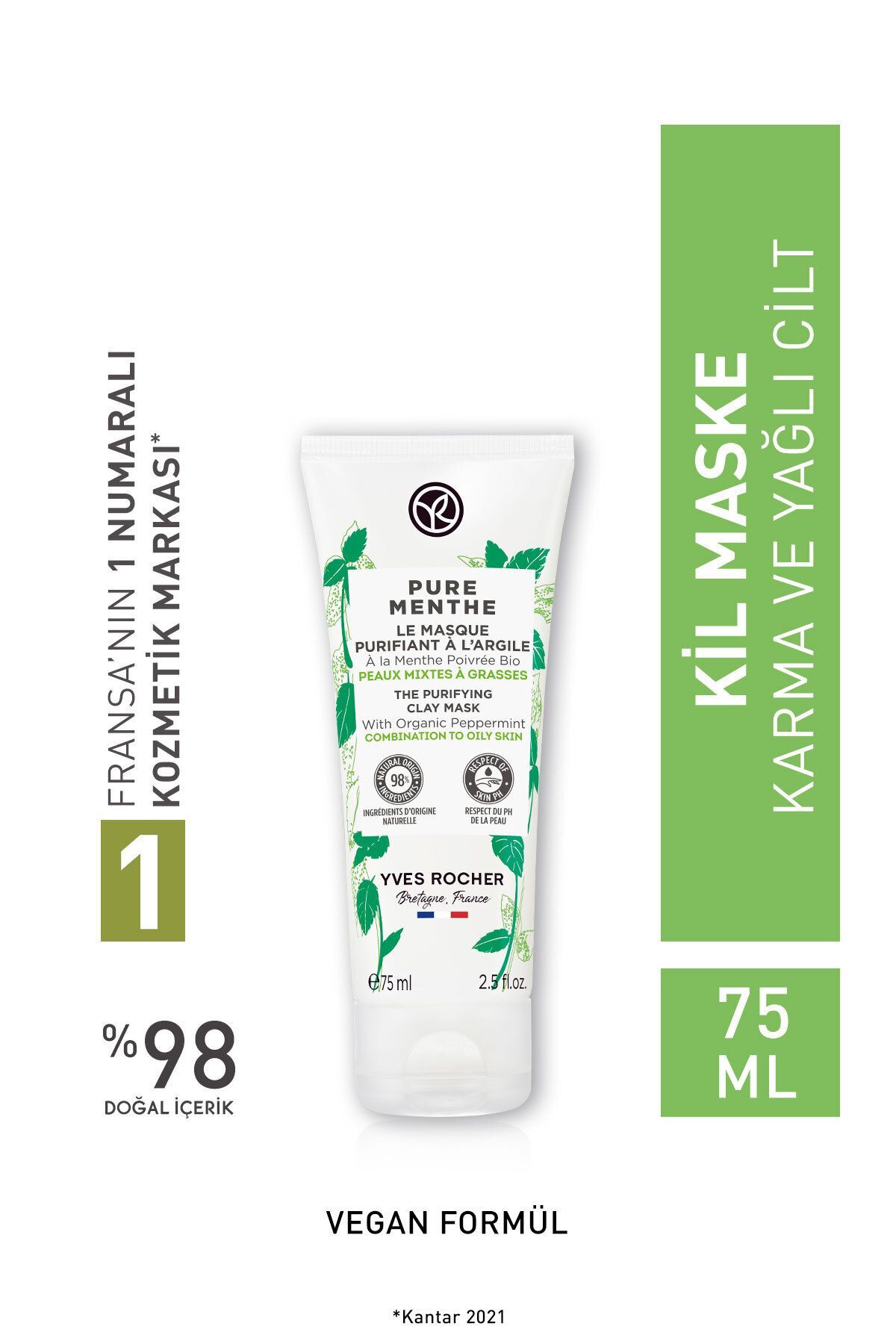 Yves Rocher Karma ve Yağlı Cilt, Arındırıcı, Temizleyici, Matlaştırıcı Prebiyotik Kil Maske-Pure Menthe-75ml