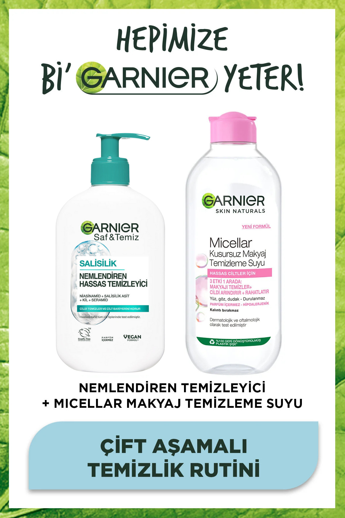 Garnier Nemlendiren Temizleyici (Hyaluronik Asit+Seramid+Beyaz Kil) + Micellar Makyaj Temizleme Suyu 400ml