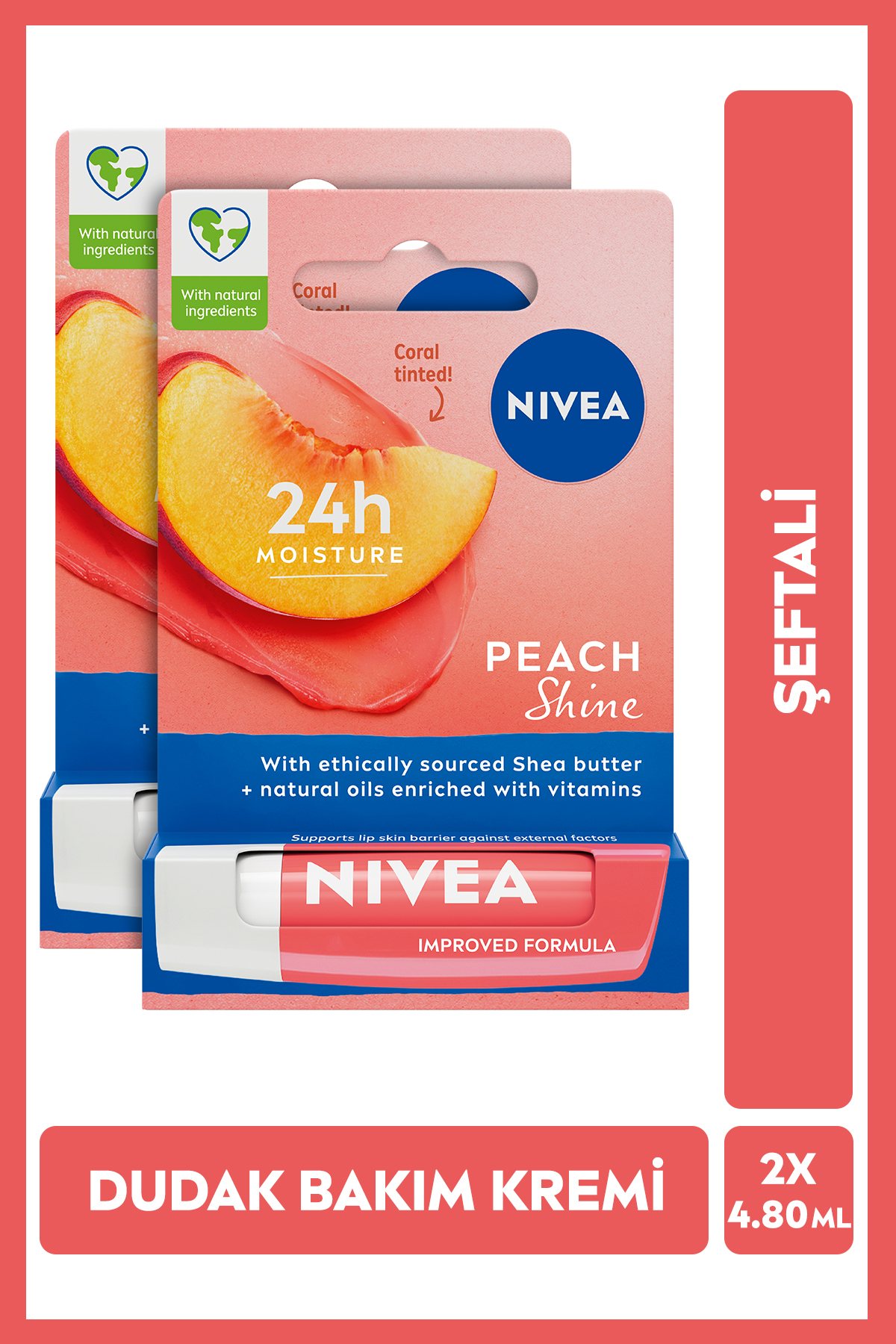 NIVEA Şeftali Nemlendirici Dudak Bakım Kremi Ve Parlatıcısı 4.8gr, Şeftali Kokusu, Mercan Renk, X2 Adet