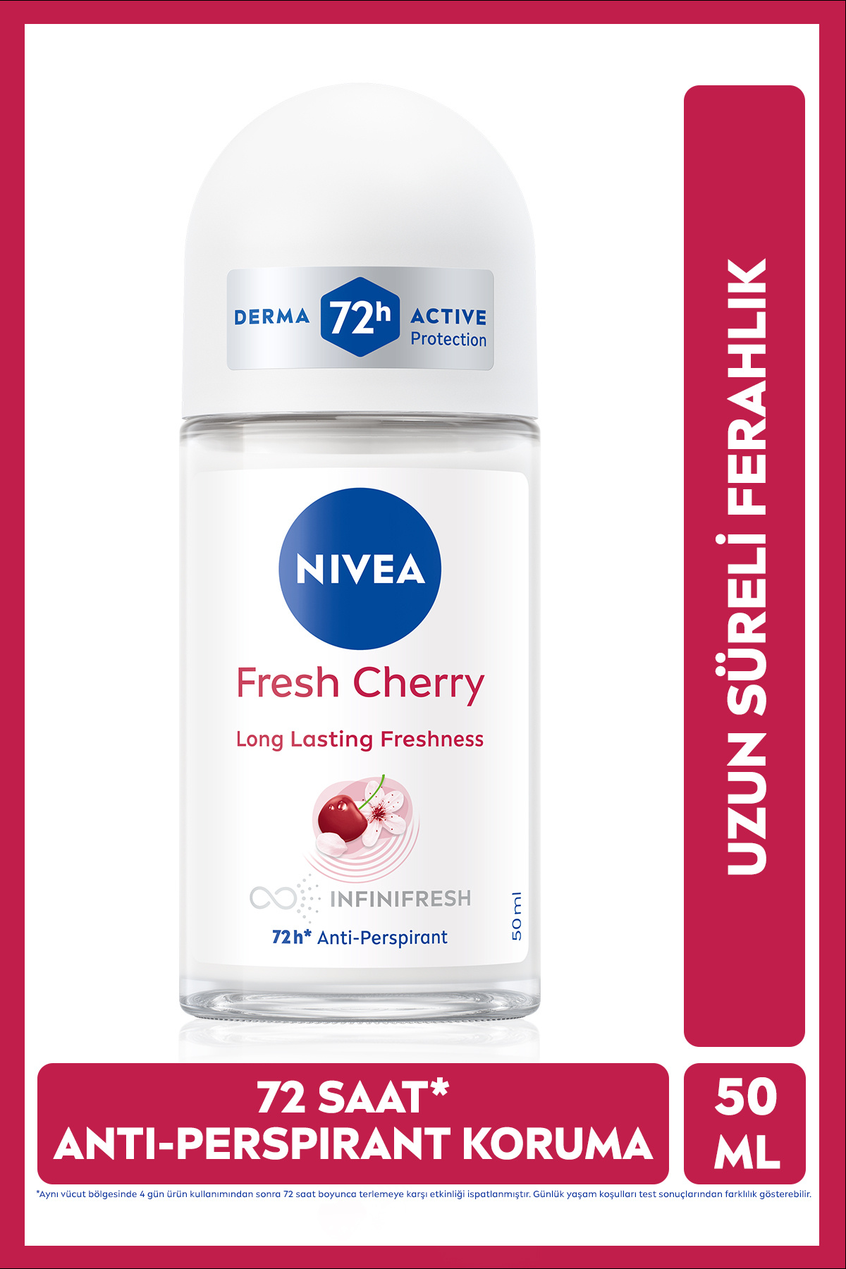 NIVEA Kadın Roll-on Deodorant Fresh Cherry 50ml, 72 Saat Anti-perspirant Koruma, Uzun Süreli Ferahlık