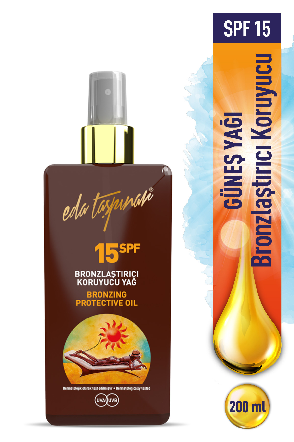 Eda Taşpınar Sprey Kapak Bronzlaştırıcı Koruyucu Yağ SPF 15 – Kolay Uygulama & Bronz Görünüm 200 ml