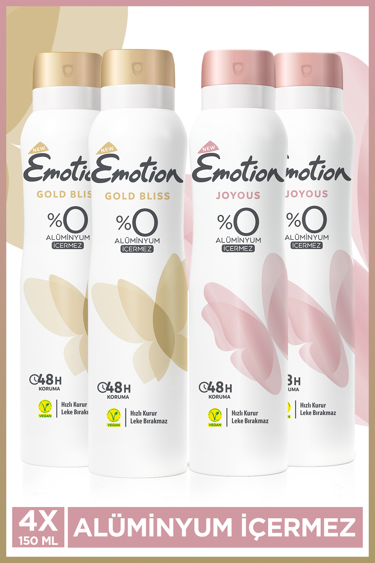 Emotion Gold Bliss & Joyous Kadın Alüminyumsuz Vegan Deodorant 4x150 ml Hızlı Kurur, Leke Bırakmaz