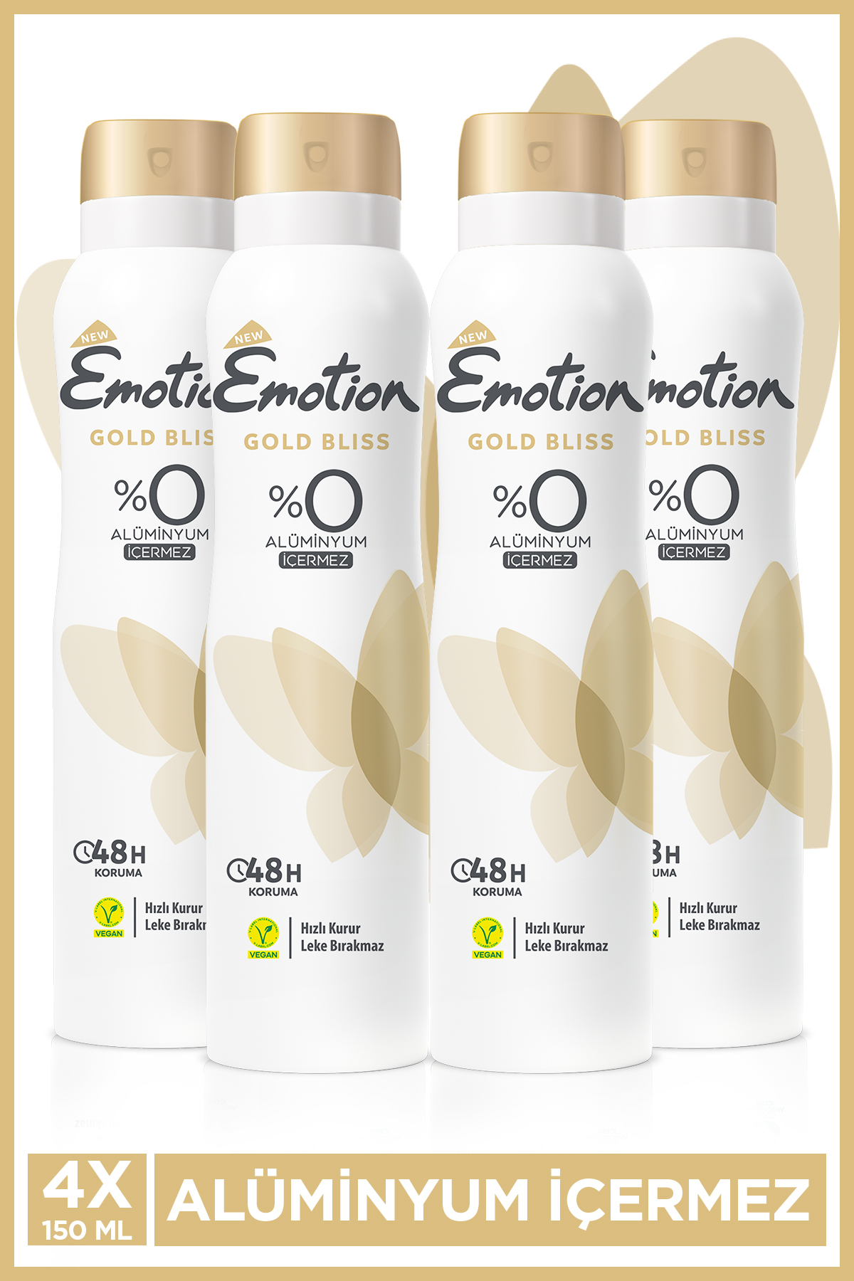 Emotion Gold Bliss Kadın Alüminyumsuz Vegan Deodorant 4x150 Ml Hızlı Kurur, Leke Bırakmaz