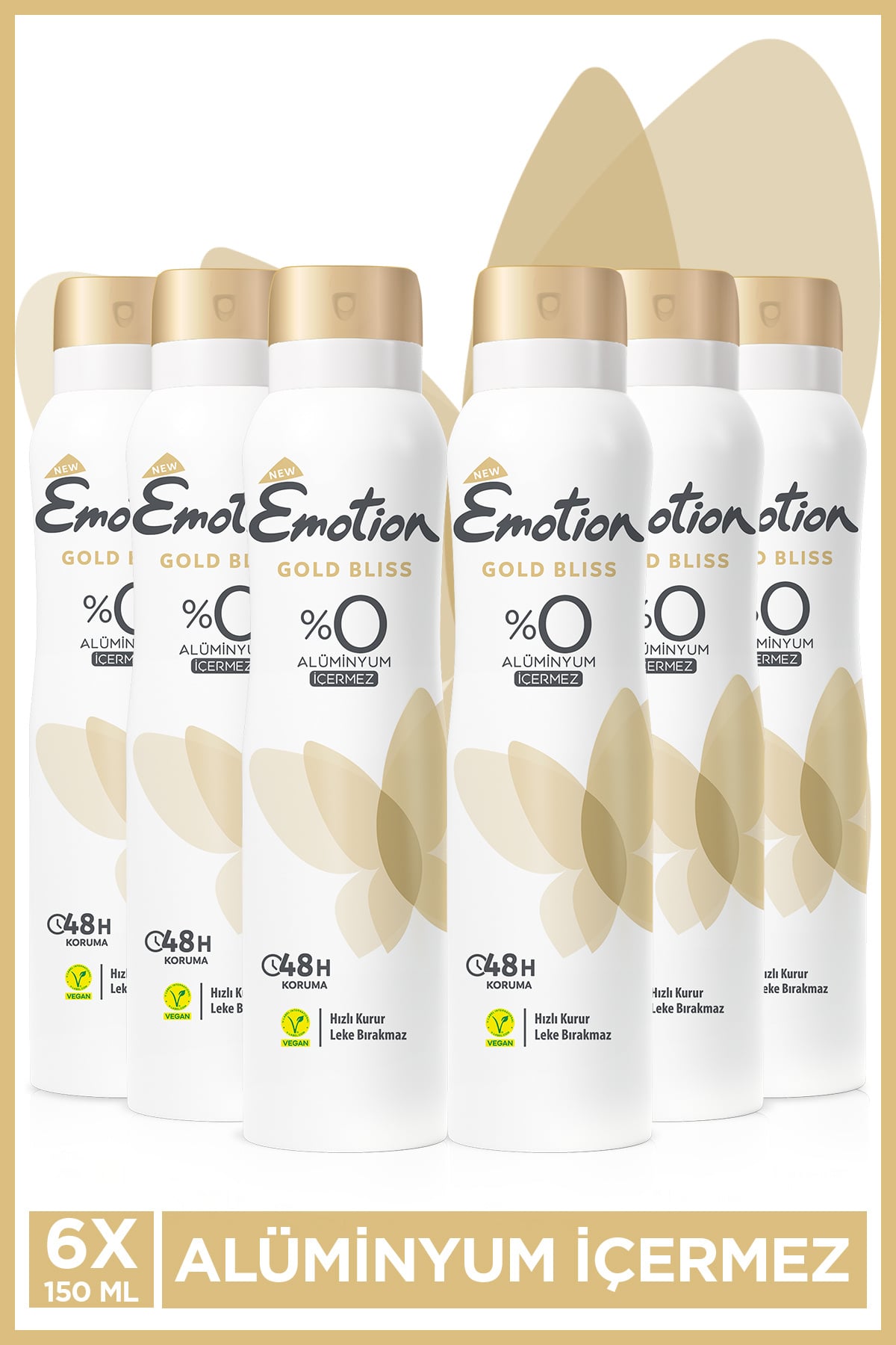 Emotion Gold Bliss Kadın Alüminyumsuz Vegan Deodorant 6x150 Ml Hızlı Kurur , Leke Bırakmaz