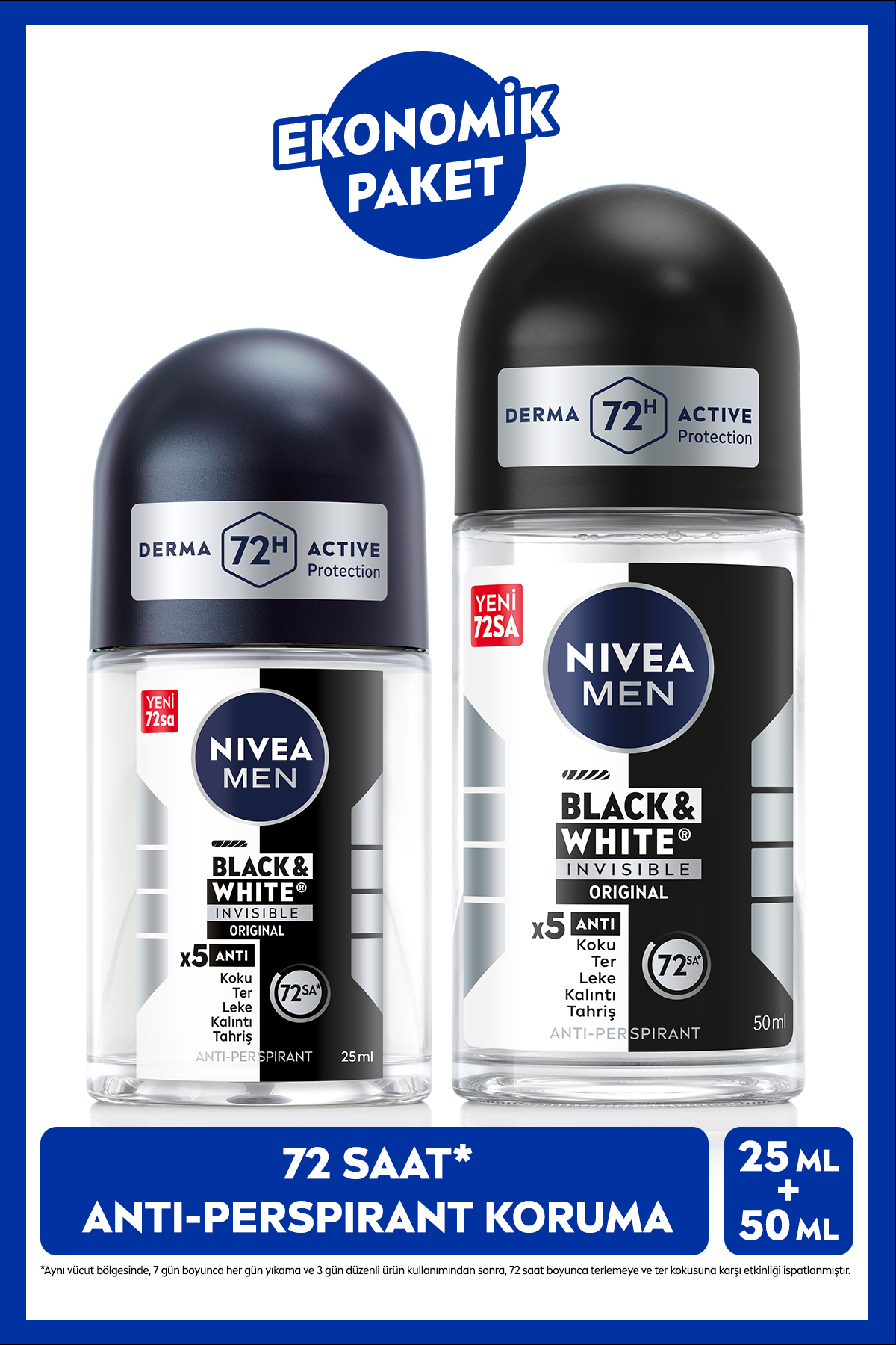 NIVEA MEN Erkek Roll-on Deodorant Black&White Invisible Original 50ml ve Mini Roll-on 25ml, Leke Karşıtı