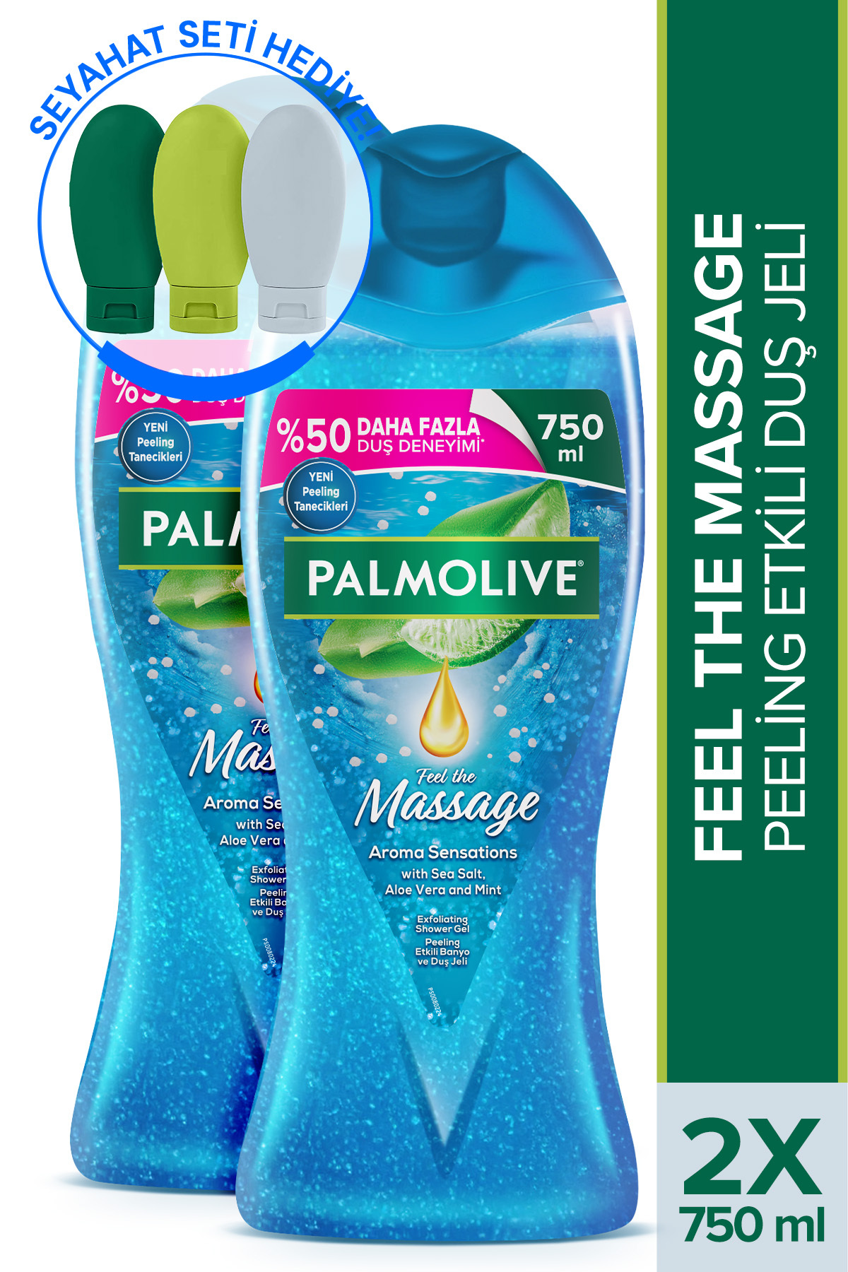 Palmolive Aroma Sensations Feel The Massage Peeling Etkili Duş Jeli 750 ml X2 Adet + Seyahat Kiti Hediye