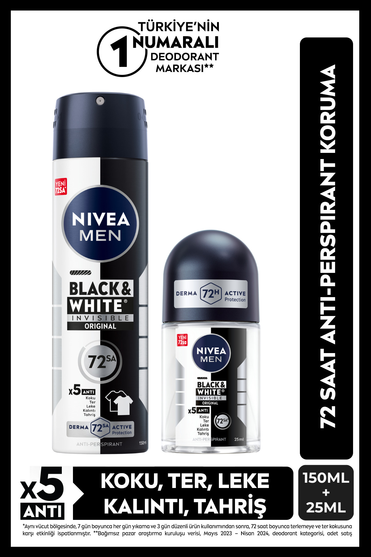 NIVEA MEN Erkek Sprey Deodorant Black&White 150ml Ve Mini Roll-on 25ml, 72 Saat Anti-perspirant Ter Koruma