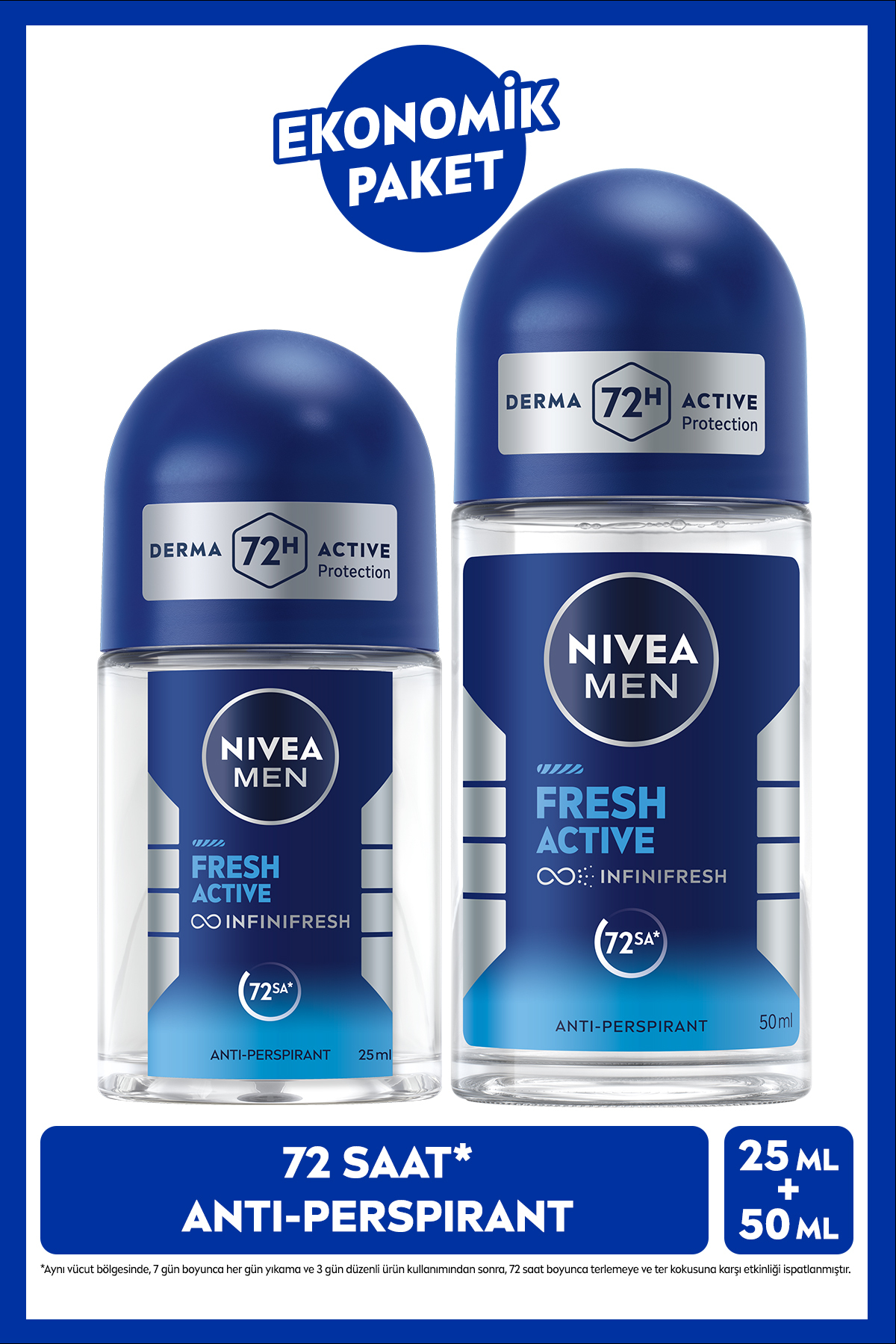 NIVEA MEN Erkek Roll-on Deodorant Fresh Active 50ml ve Mini Roll-on 25ml, Seyahat Boyu, 72 Saat Koruma