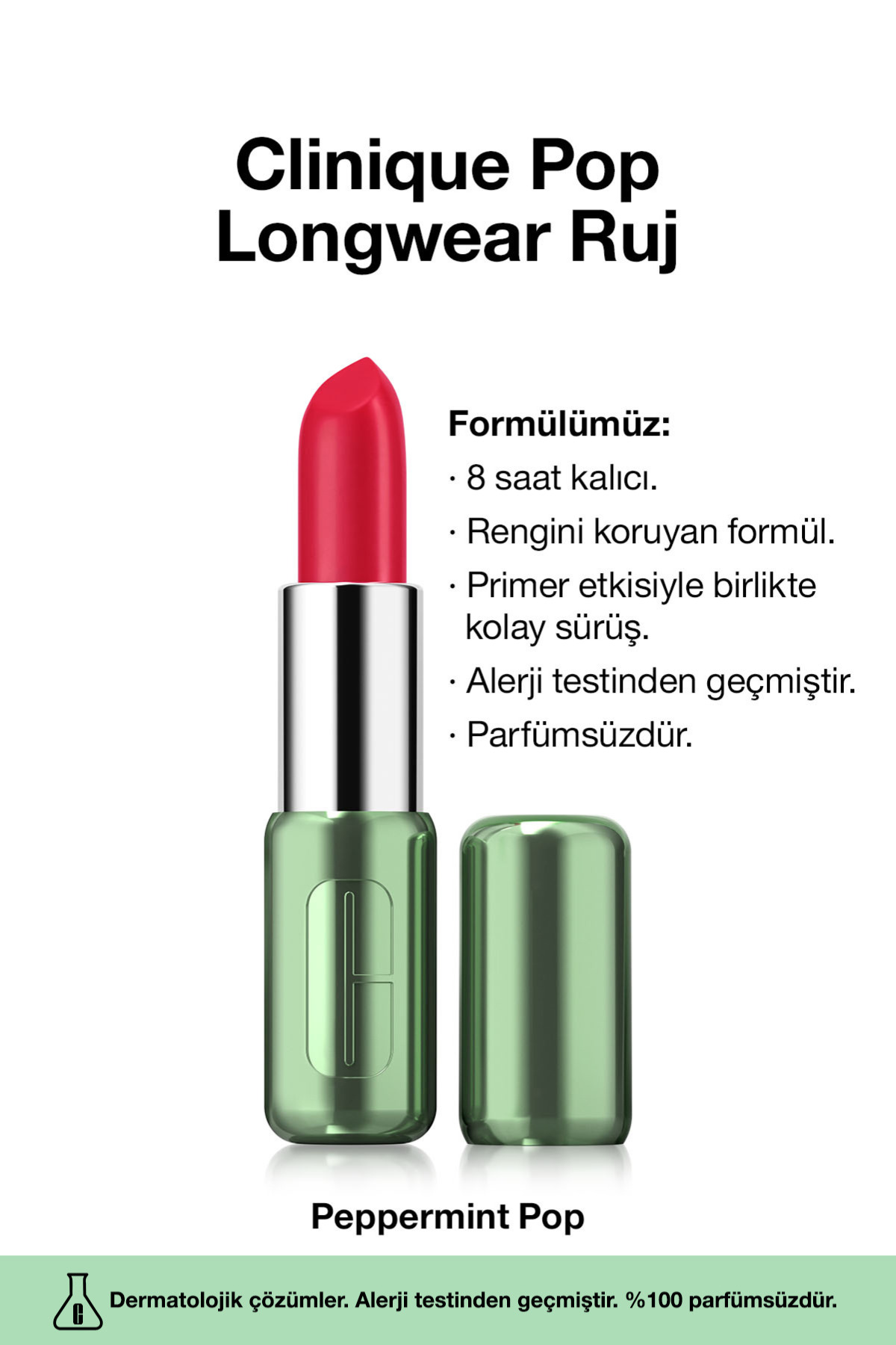 Clinique Pop Longwear™ Gün Boyu Kalıcı Ruj - Renk: Peppermint Pop 3.9g | Saten Bitiş