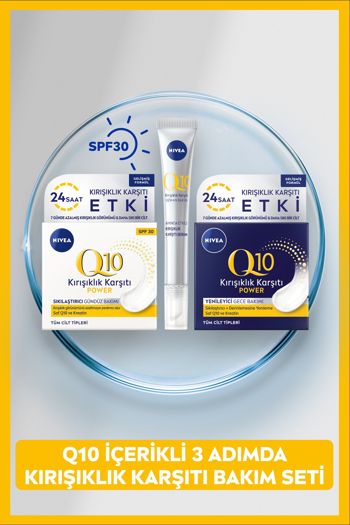 NIVEA Q10 Kırışıklık Karşıtı 3 Adımlı Cilt Bakım Seti, Gündüz Kremi, Cilt Serumu, Gece Yüz Kremi 50ml