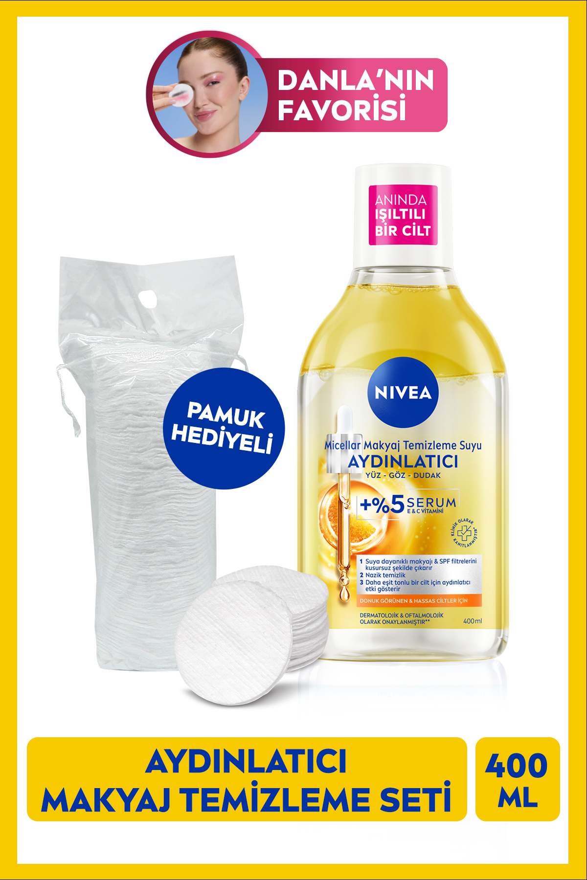 NIVEA Aydınlatıcı Micellar Makyaj Temizleme Suyu 400ml, Serum Içerikli, Hassas Cilt, Pamuk Hediye