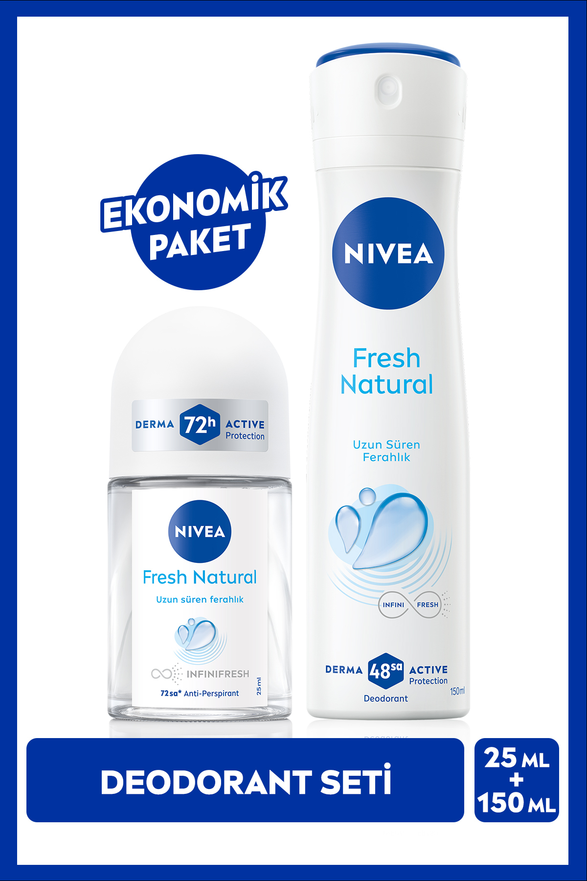 NIVEA Kadın Sprey Deodorant Fresh Natural 150ml Ve Mini Roll-on 25ml, Ter Kokusuna Karşı Koruma, Ferahlık