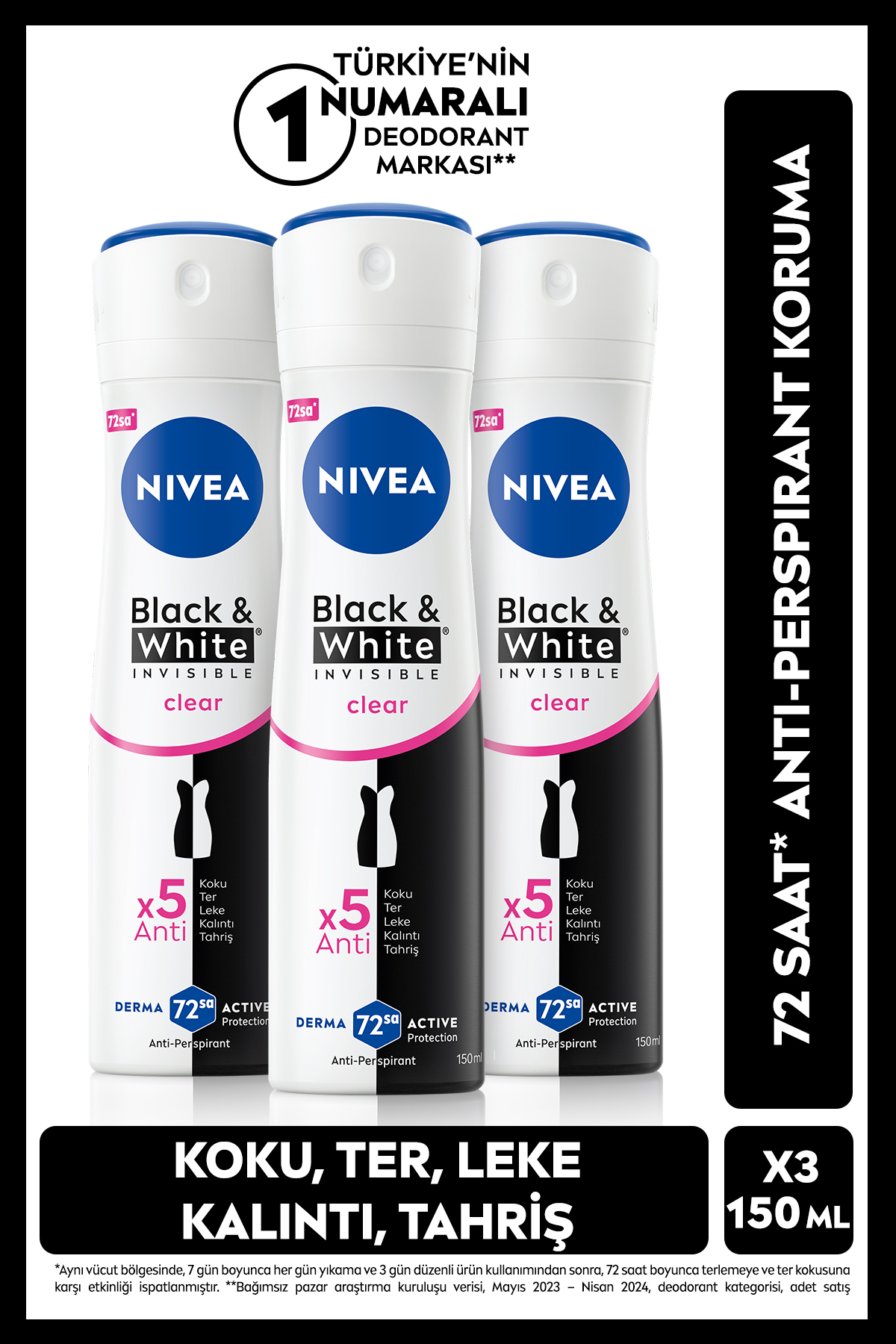 NIVEA Kadın Sprey Deodorant Black&White Invisible Clear 150ml, 72 Saat Ter Koruması, Çiçeksi Koku, X3 Adet