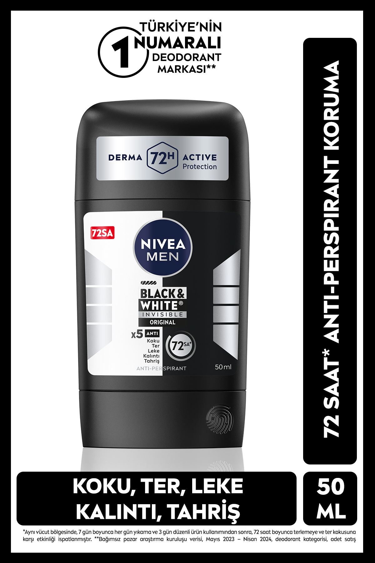 NIVEA MEN Erkek Stick Deodorant Black&White İnvisible Orginal,72 Saat Anti Perspirant Koruma,Leke Karşıtı