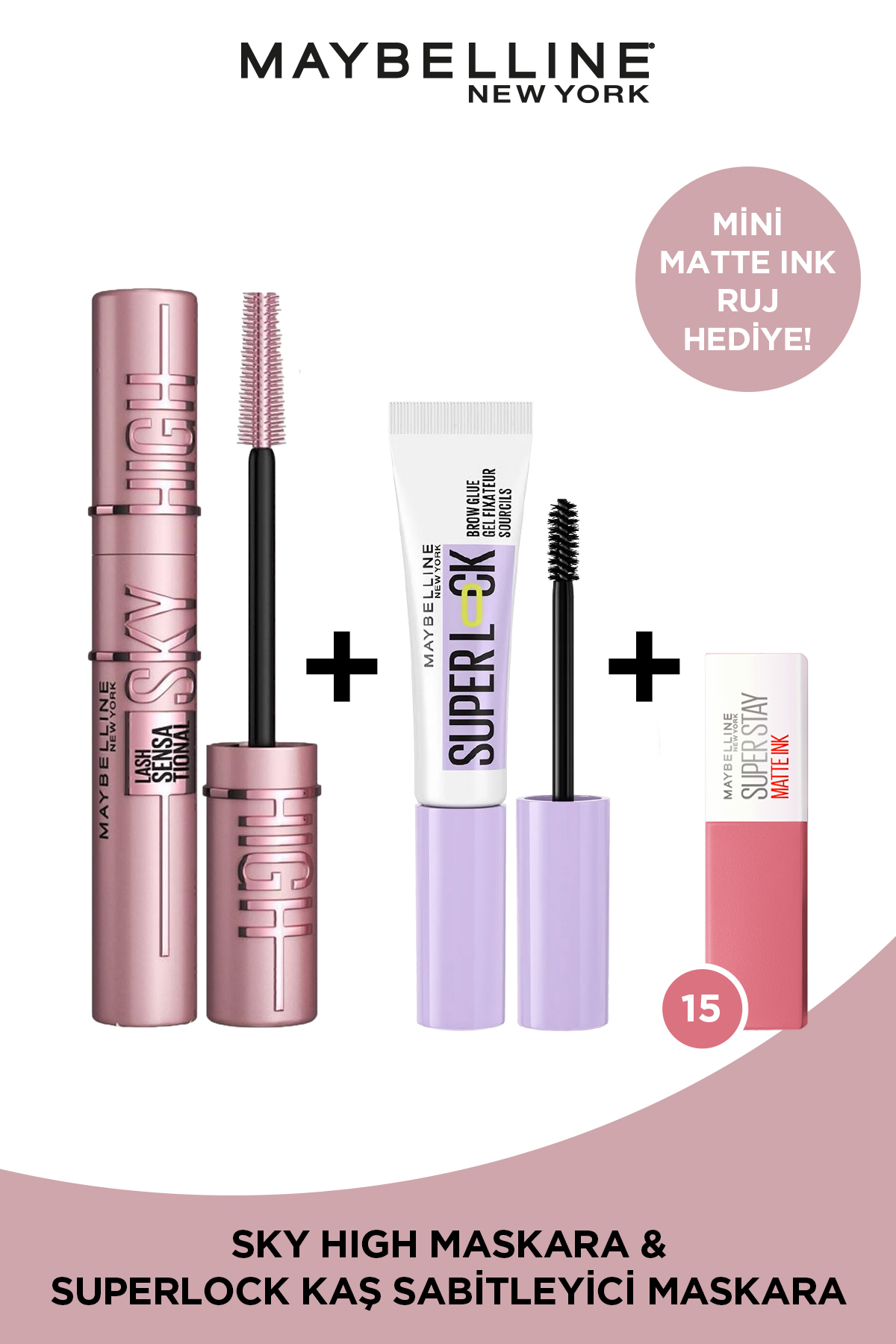 Maybelline New York Sky High Maskara & Super Lock Kaş Sabitleyici & Matte Ink Ruj 15 Mini