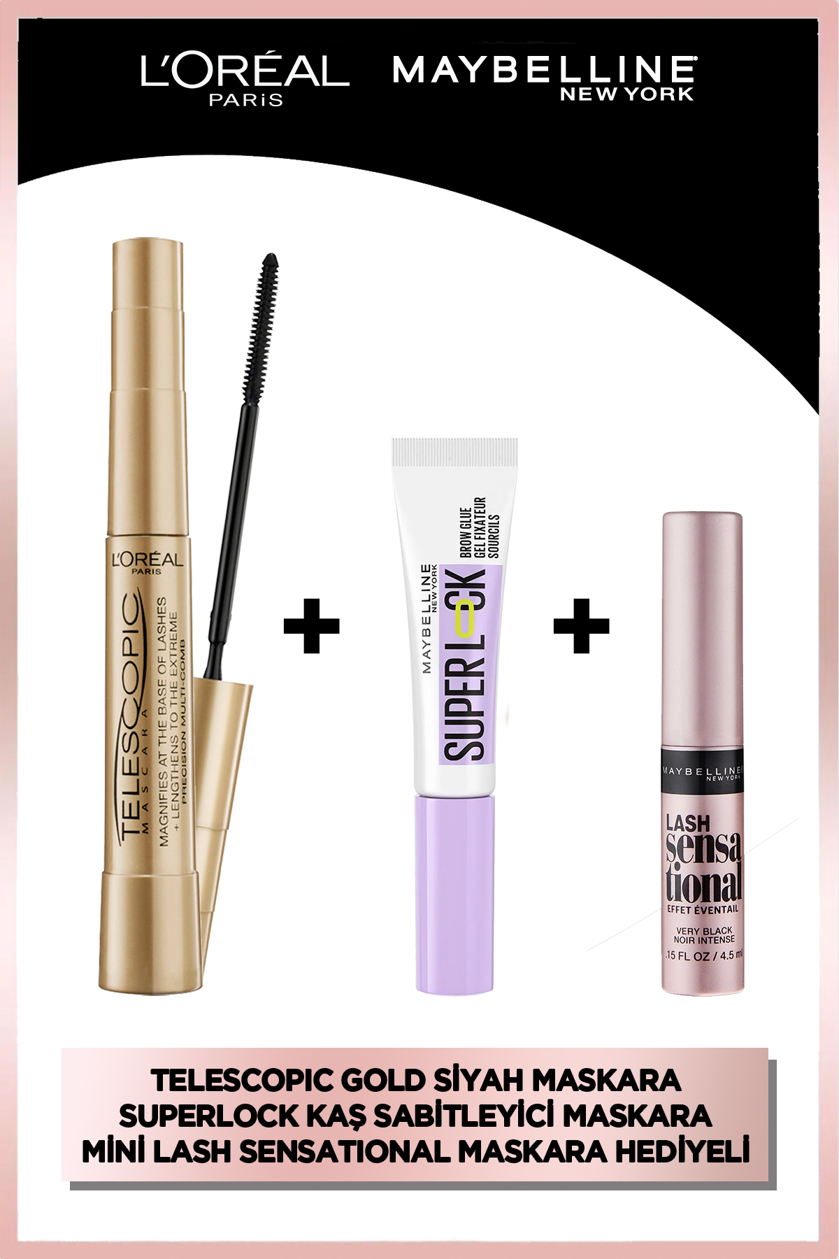 L'Oreal Paris Telescopic Gold Maskara & Maybelline Super Lock Kaş Sabitleyici & Lash Sensational Mini Maskara