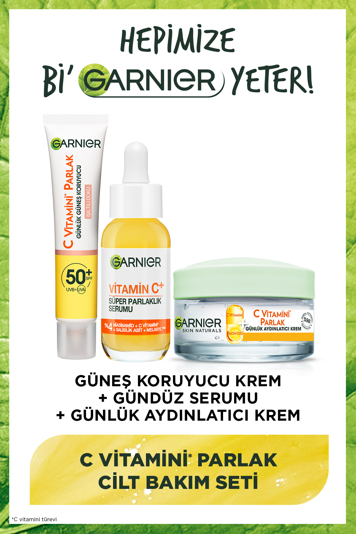 Garnier Parlak Güneş Yüz Kremi Işıltılı Doku+C Vitamin Serum (Niasinamid+Salisilik Asit) + Aydınlatıcı Krem