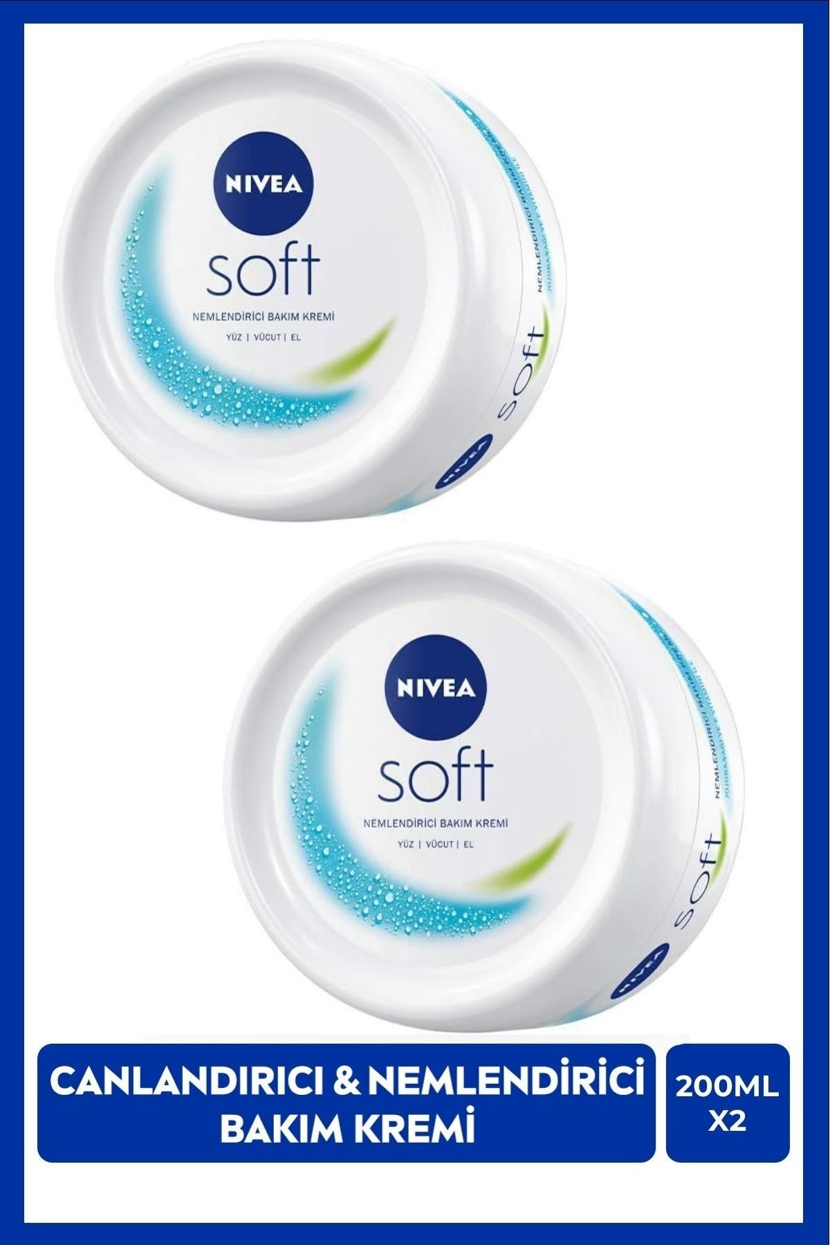 NIVEA Soft Nemlendirici Vücut Bakım Kremi 200ml, El Yüz Vücut, E Vitamini, Jojoba Yağı, X2 Adet