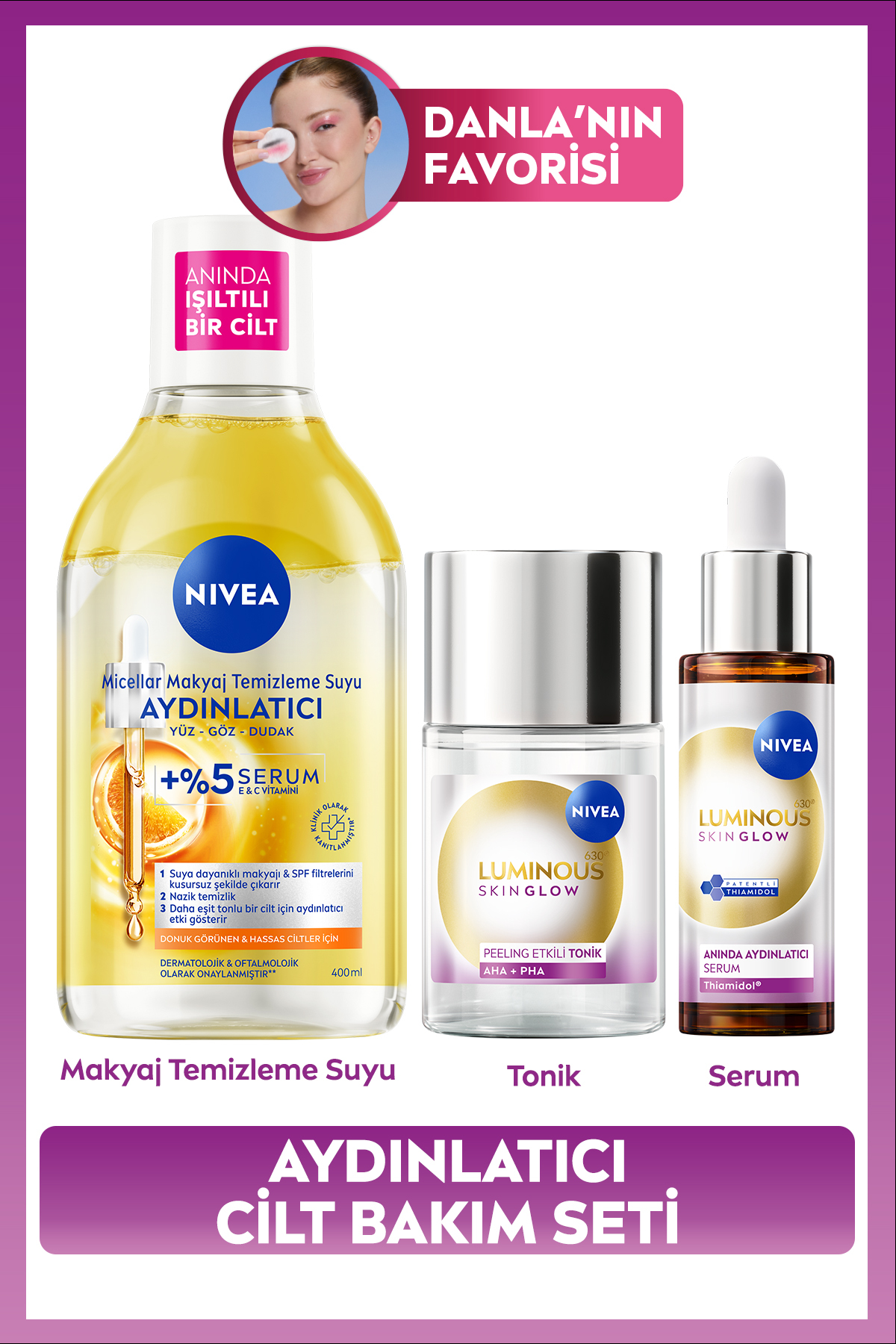 NIVEA Aydınlatıcı Cilt Bakım Seti, Nemlendirici Serum, Tonik, Micellar Makyaj Temizleme Suyu, C Vitamini,
