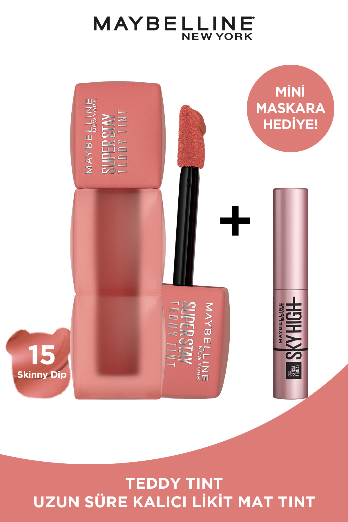 Maybelline New York Teddy Tint Kalıcı Likit Mat Ruj 15 Skinny Dip & Sky High Mini Maskara