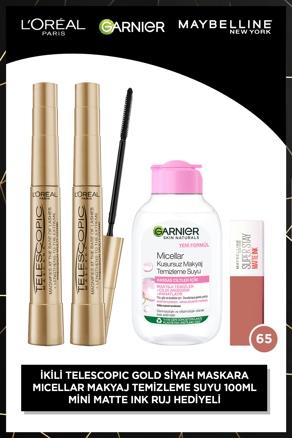 L'Oreal Paris 2'li Telescopic Gold Maskara+ 100 ml Seyahat Boy Micellar + Matte Ink Mini Ruj 65