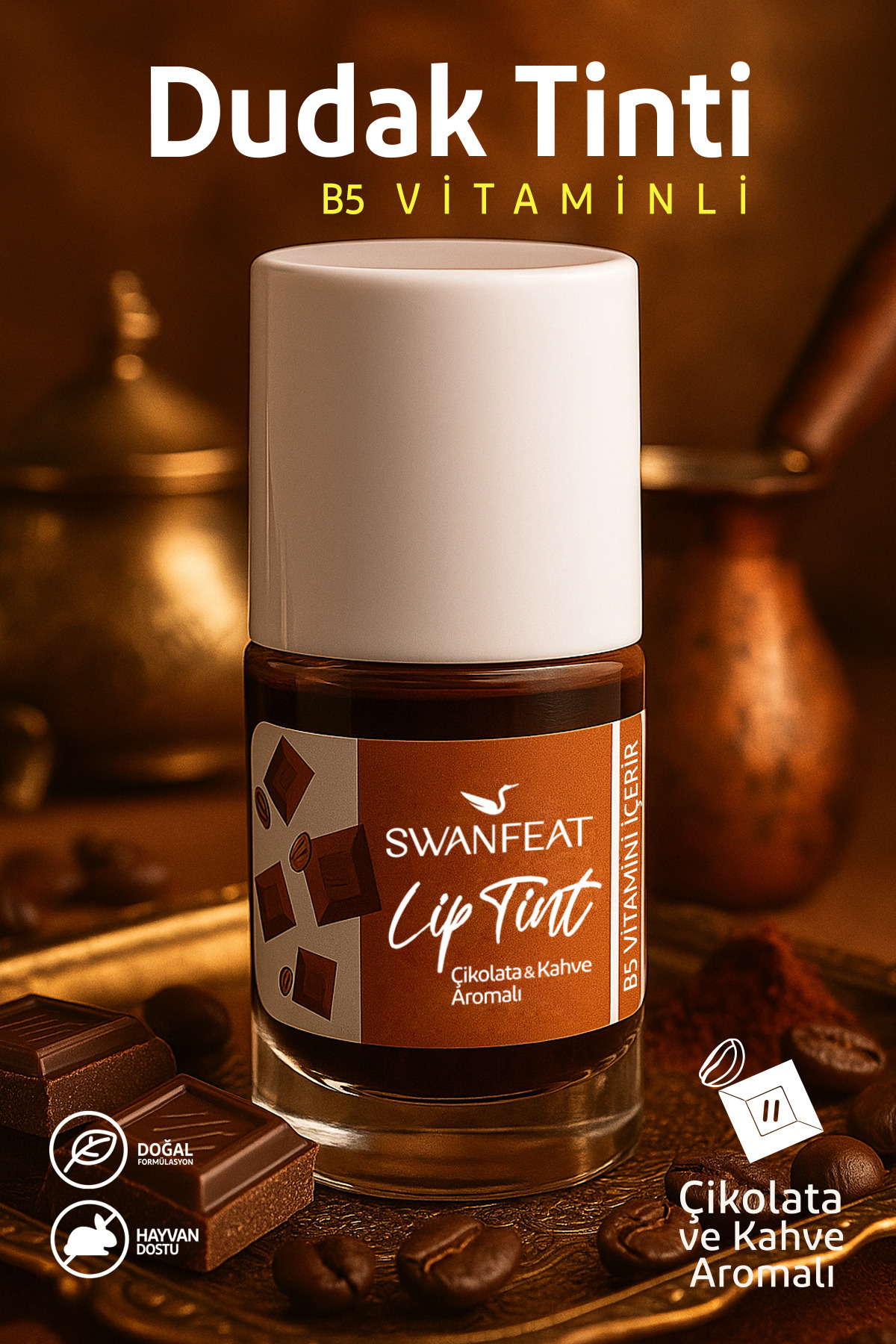 SWANFEAT Lip Tint Kahve Ve Çikolata Aromalı Kahverengi B5 Vitaminli Nemlendirici 10ml