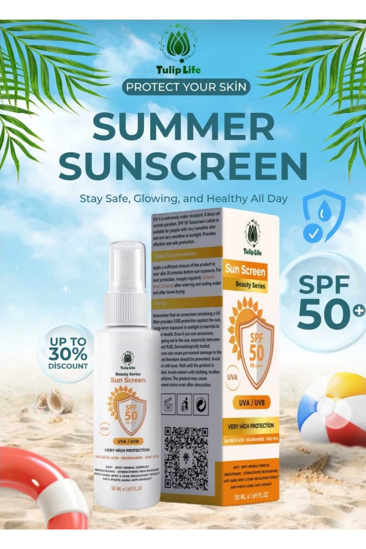 tulip life Sun Care Spf+50 High Portection Nemlendirici Yüksek Koruma Yeni Formula Güneş Kremi 50 ml