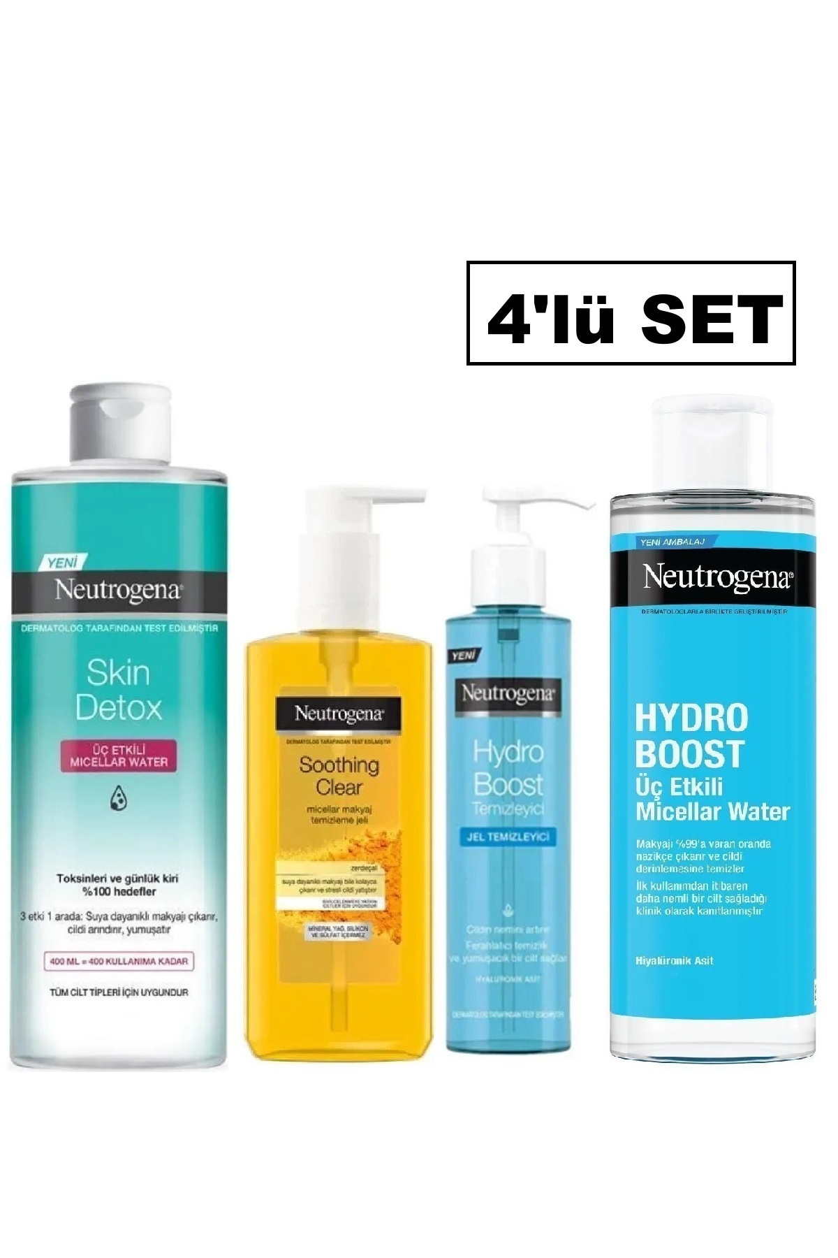 Neutrogena Skin Detox Misel Su, Soothing Clear Makyaj Temizleme Jeli, Makyaj Temizleme Suyu ve Jeli- 4'lü set