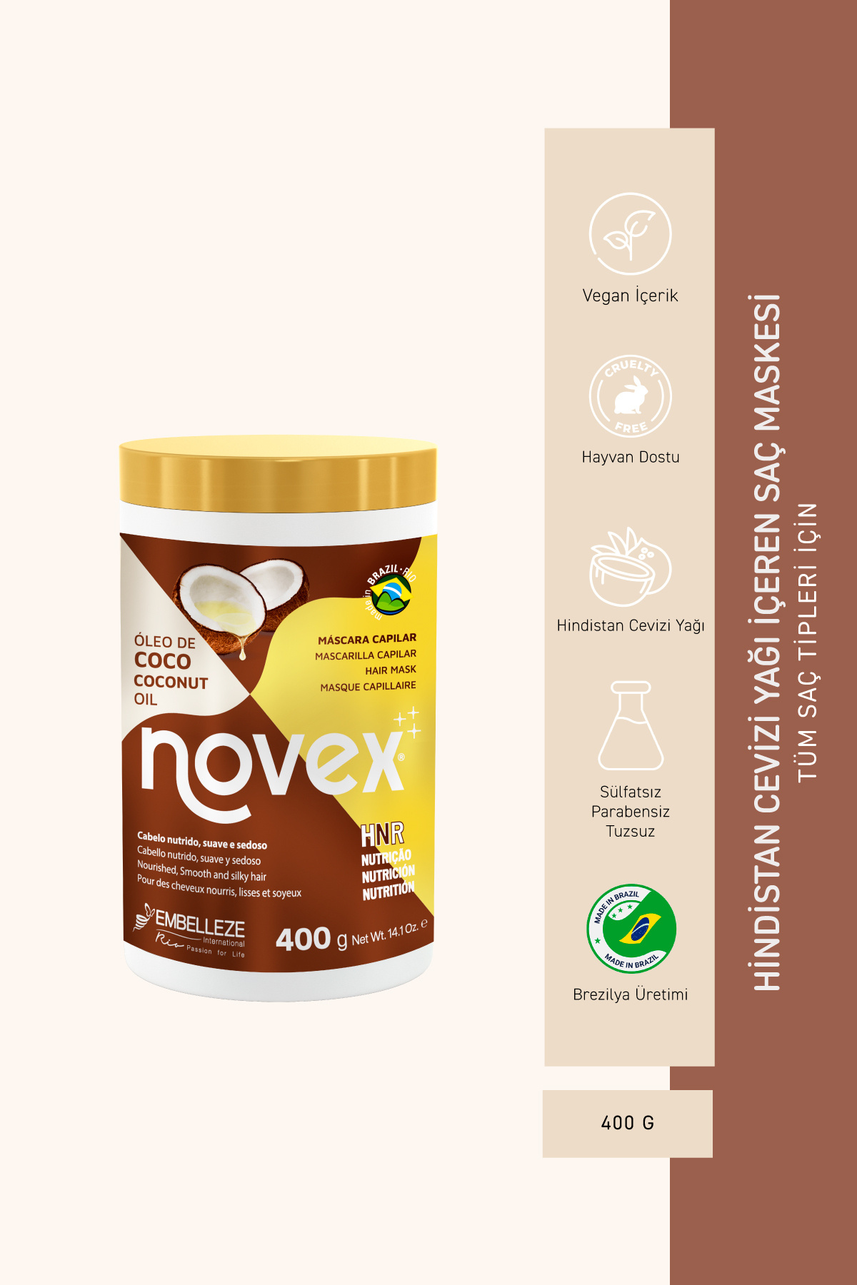 NOVEX Coconut Oil - Kuru ve Hasarlı Saçlar İçin Hindistan Cevizi Yağı İçeren Saç Maskesi 400g