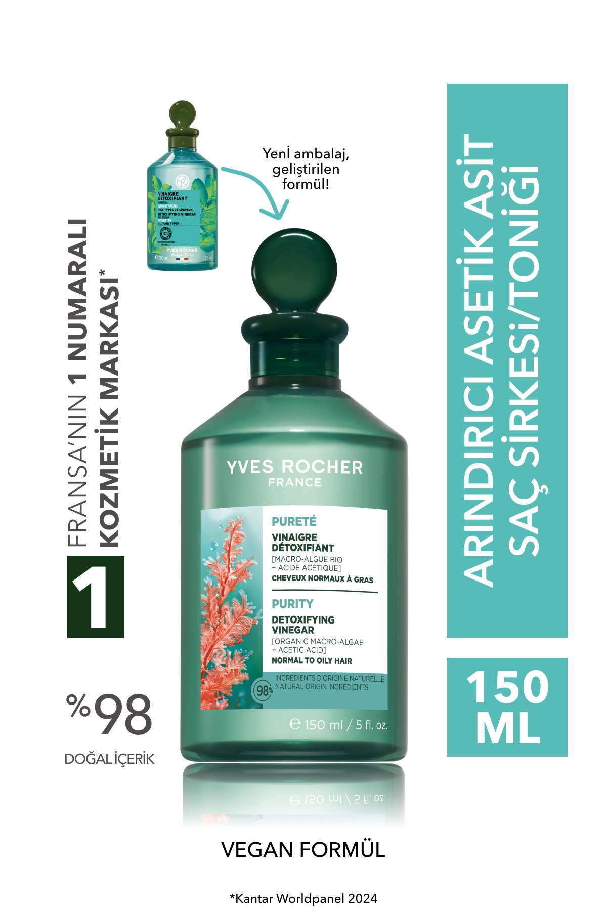 Yves Rocher Arındırıcı Asetik Asit Saç Sirkesi ve Toniği - Yağlı Saçlar / Purete -Vegan -150ml