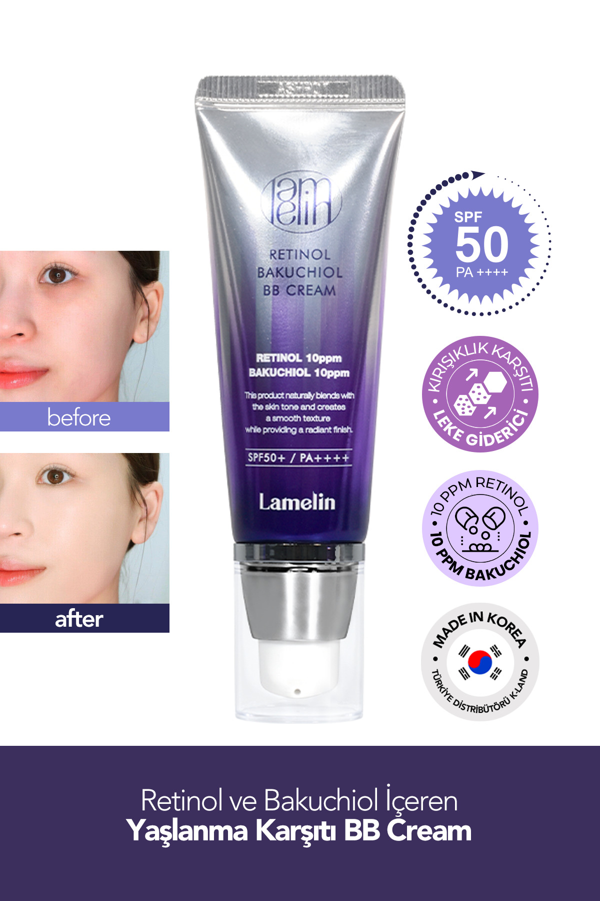 Lamelin Retinol ve Bakuchiol İçeren Doğal Kapatıcı Parlak Bitişli Yaşlanma Karşıtı BB Krem Lamelin 50 ml