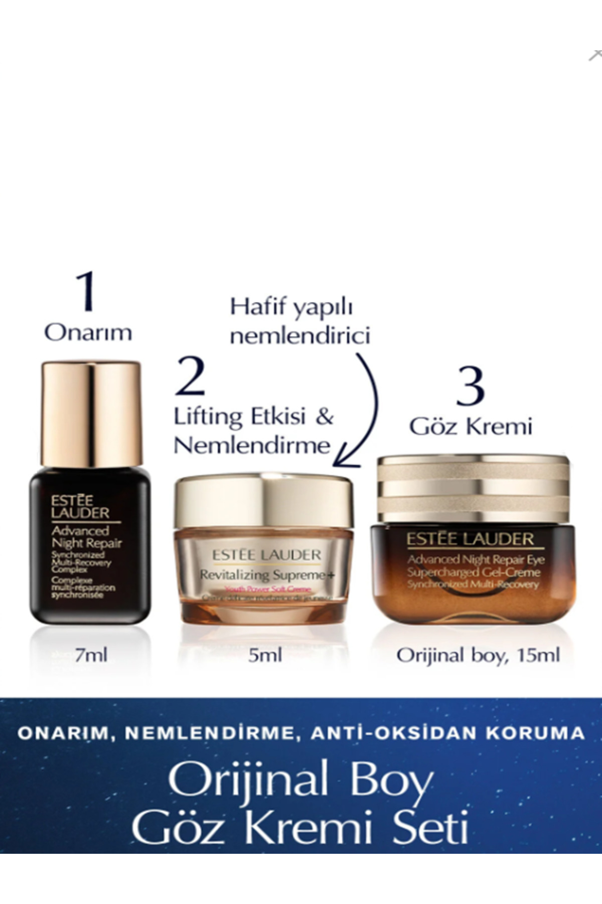 Estee Lauder Advanced Night Repair Cilt Bakım Seti Serum 7 ML Göz Kremi 15 ML Supreme Soft Nemlendirici 5 M