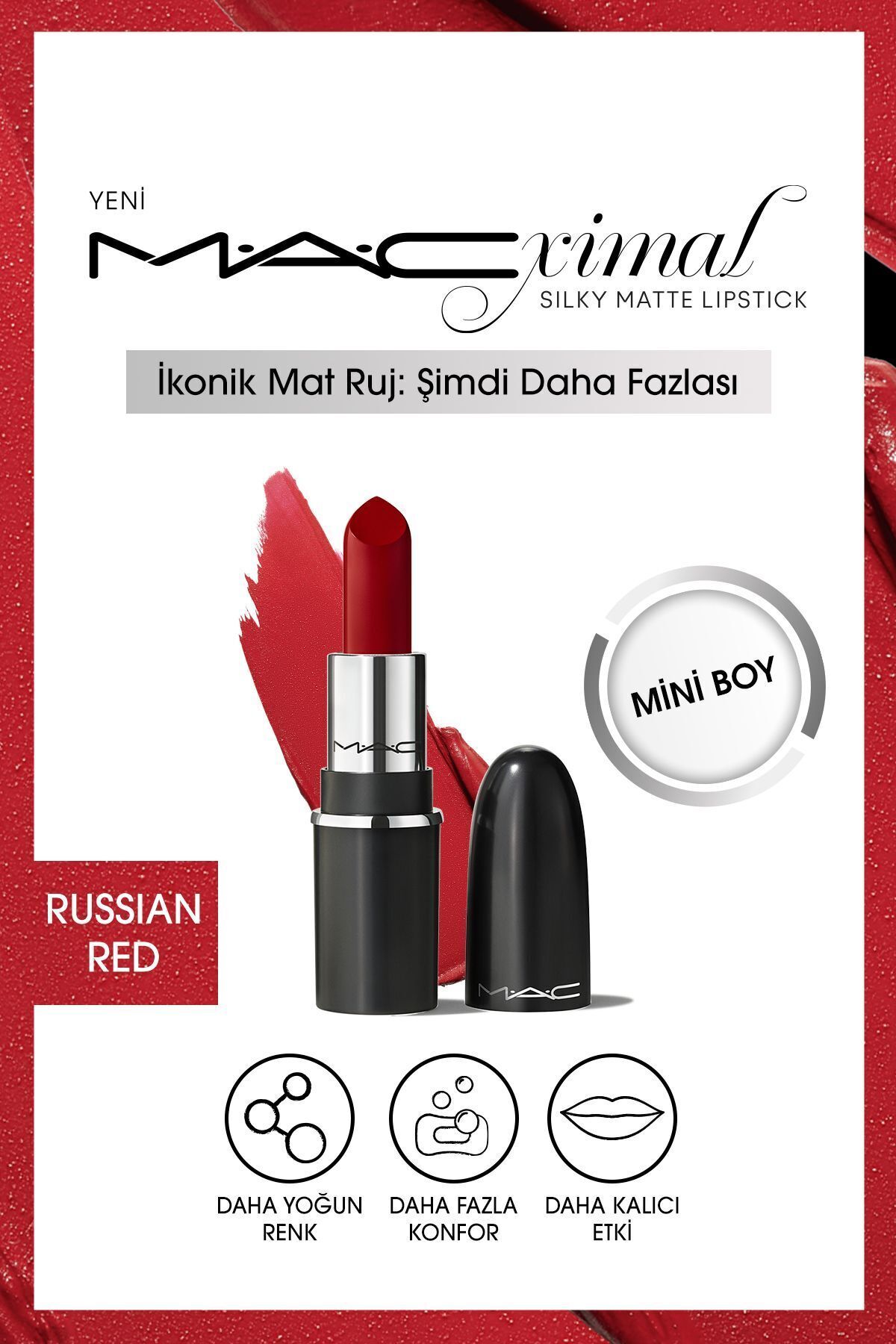 M.A.C Dudakları Besleyici Hafif MACximal Mac Silky Matte Lipstick Russian Red Mini Ruj 1.7 gr