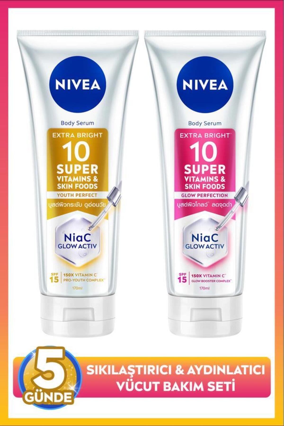 NIVEA SPF15 Super10 Serum Etkili Sıkılaştırıcı Vücut Losyon 170ml ve Aydınlatıcı Losyon 170ml,Nemlendirici