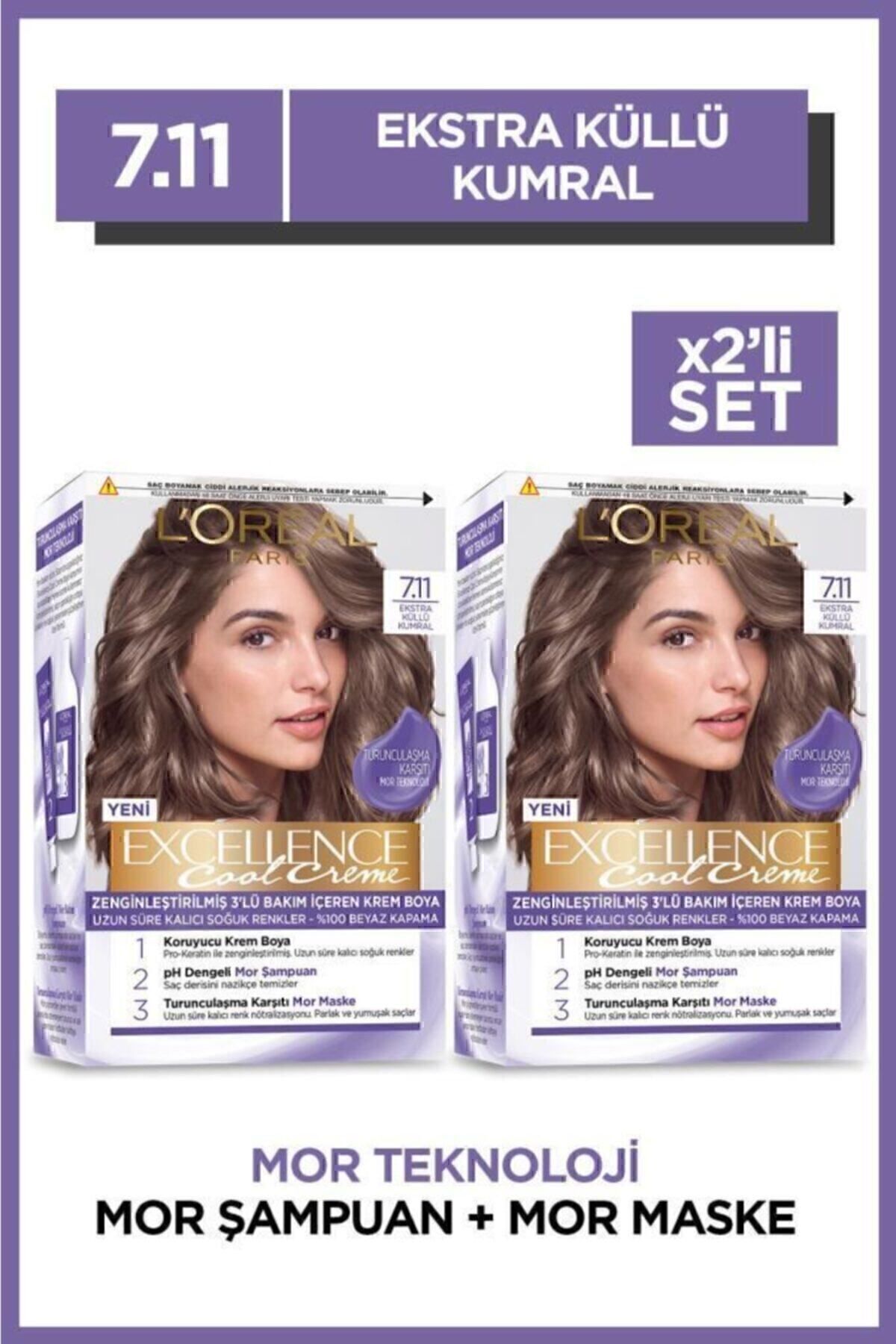 L'Oreal Paris Excellence Cool Creme Saç Boyası – 7.11 Ekstra Küllü Kumral 2'li Set