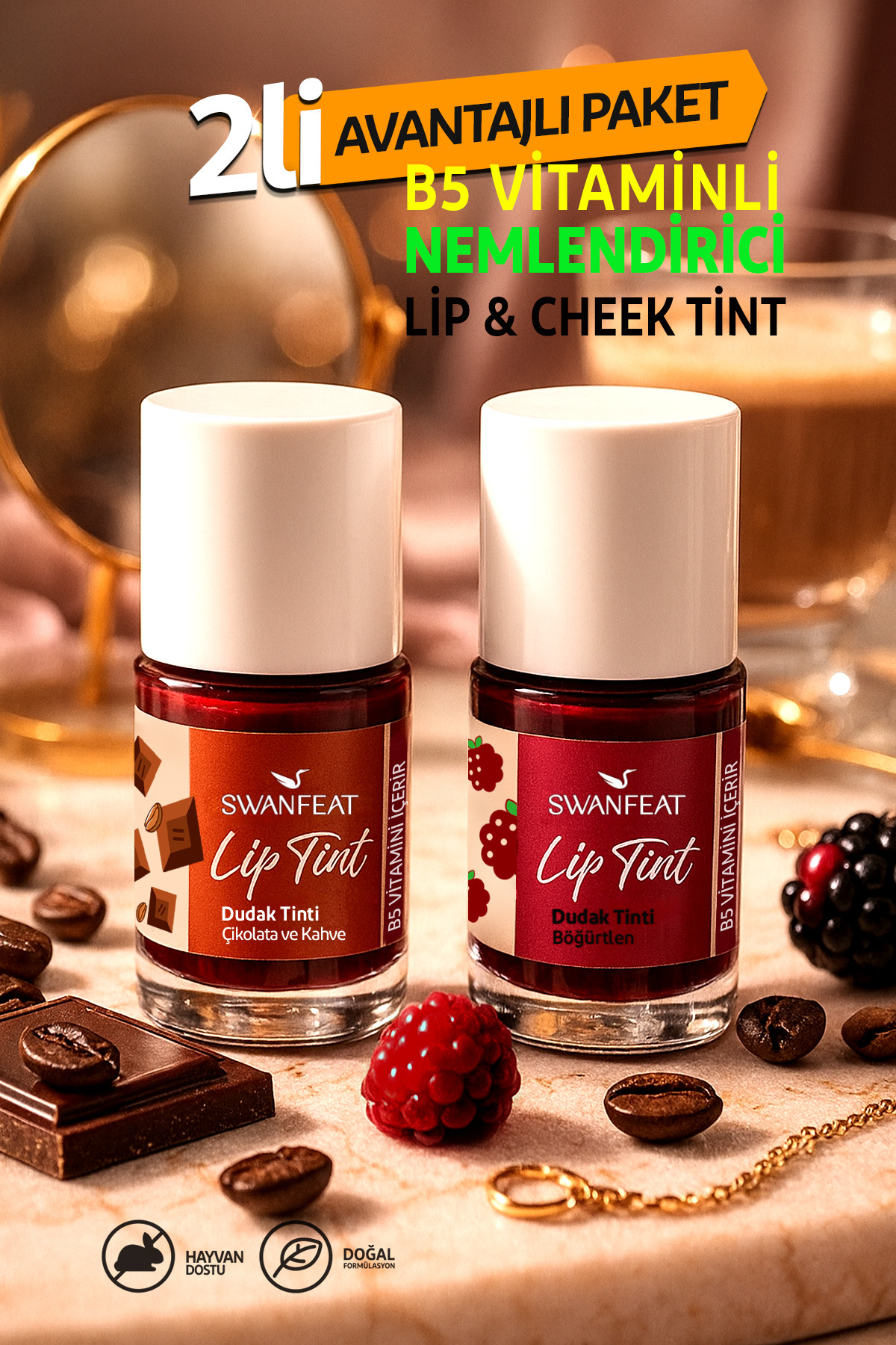 SWANFEAT Lip Tint 2li Avantajlı Paket B5 Vitaminli Nemlendirici Kalıcı Kahverengi ve Bordo