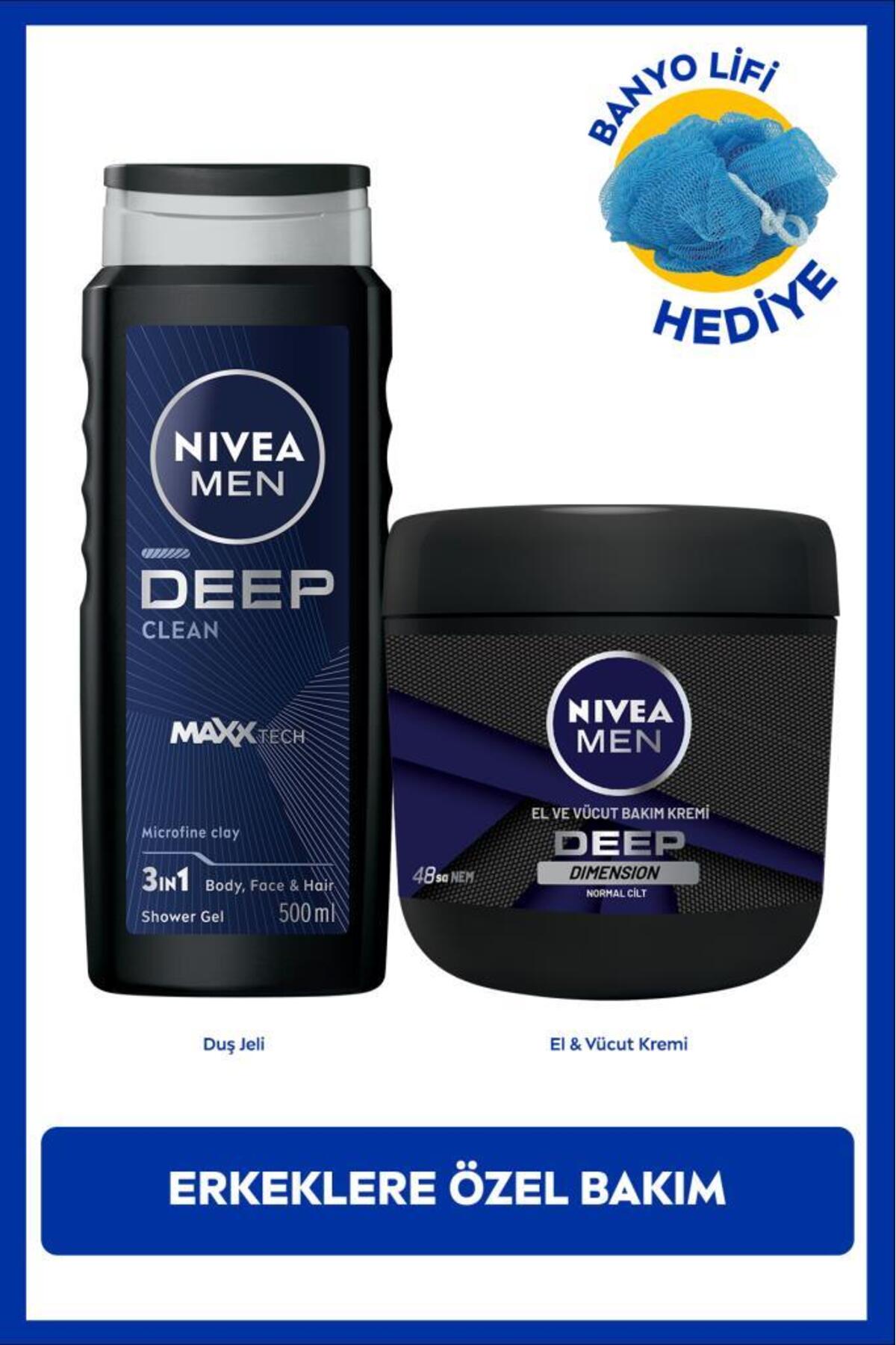 NIVEA MEN Erkek Deep Clean Duş Jeli 500ml ve Deep Nemlendirici Vücut Bakım Kremi 400ml, Erkeksi Koku