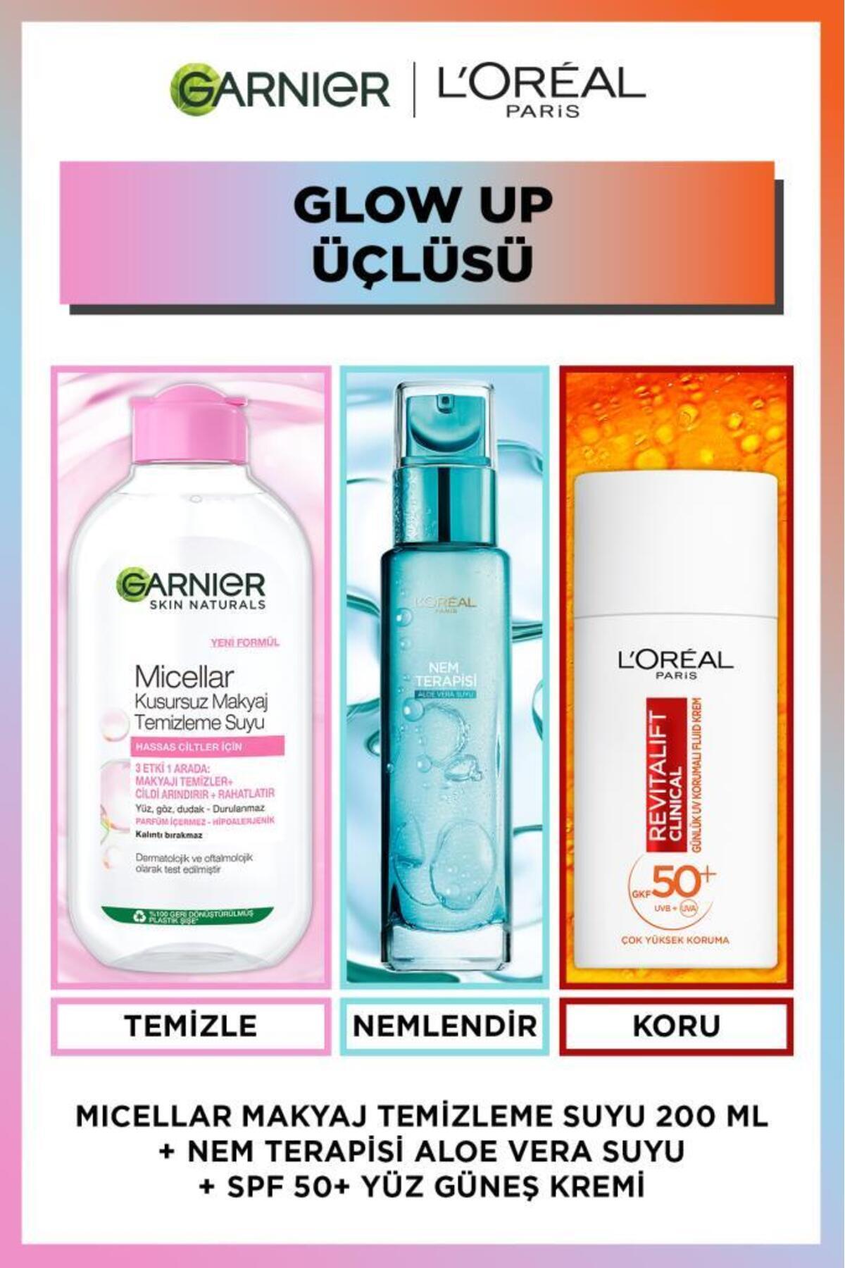 L'Oreal Paris Nem Terapisi + 200ml Makyaj Temizleme Suyu + 50+ SPF Yüz Güneş Kremi & L'Oreal Paris Micellar Hediye