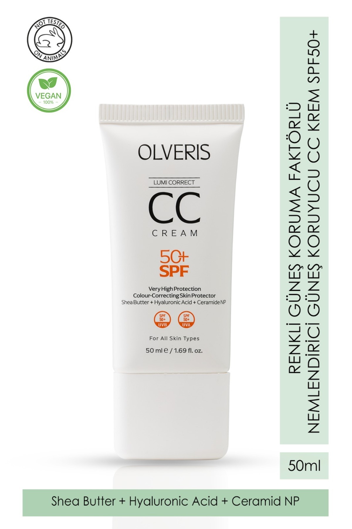 OLVERIS Renkli Yüksek Koruma Faktörlü Nemlendirici Güneş Koruyucu CC Krem SPF50+ (Shea Butter&HA&Ceramide)