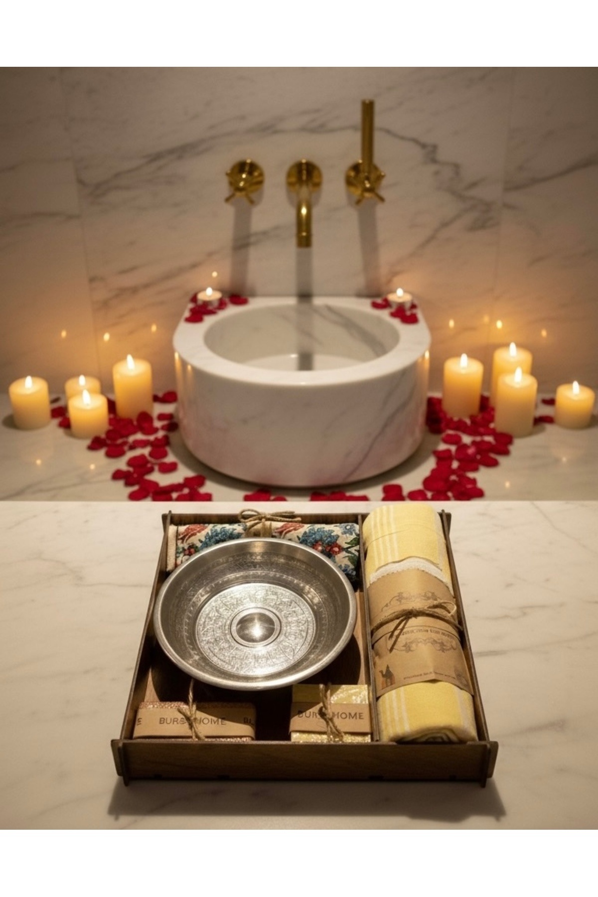 Bursa Home Ahşap Kutulu Hamam Seti & Çeyizlik & Hediyelik (Sabun , İpek Kese , Hamam Tası , Peştemal)