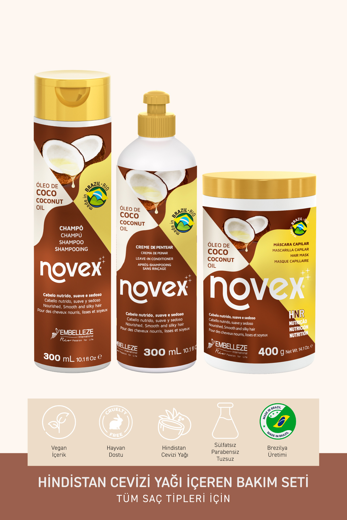 NOVEX Coconut Oil - Kuru ve Hasarlı Saçlar İçin Şampuan Saç Maskesi 400g + Durulanmayan Krem 300g